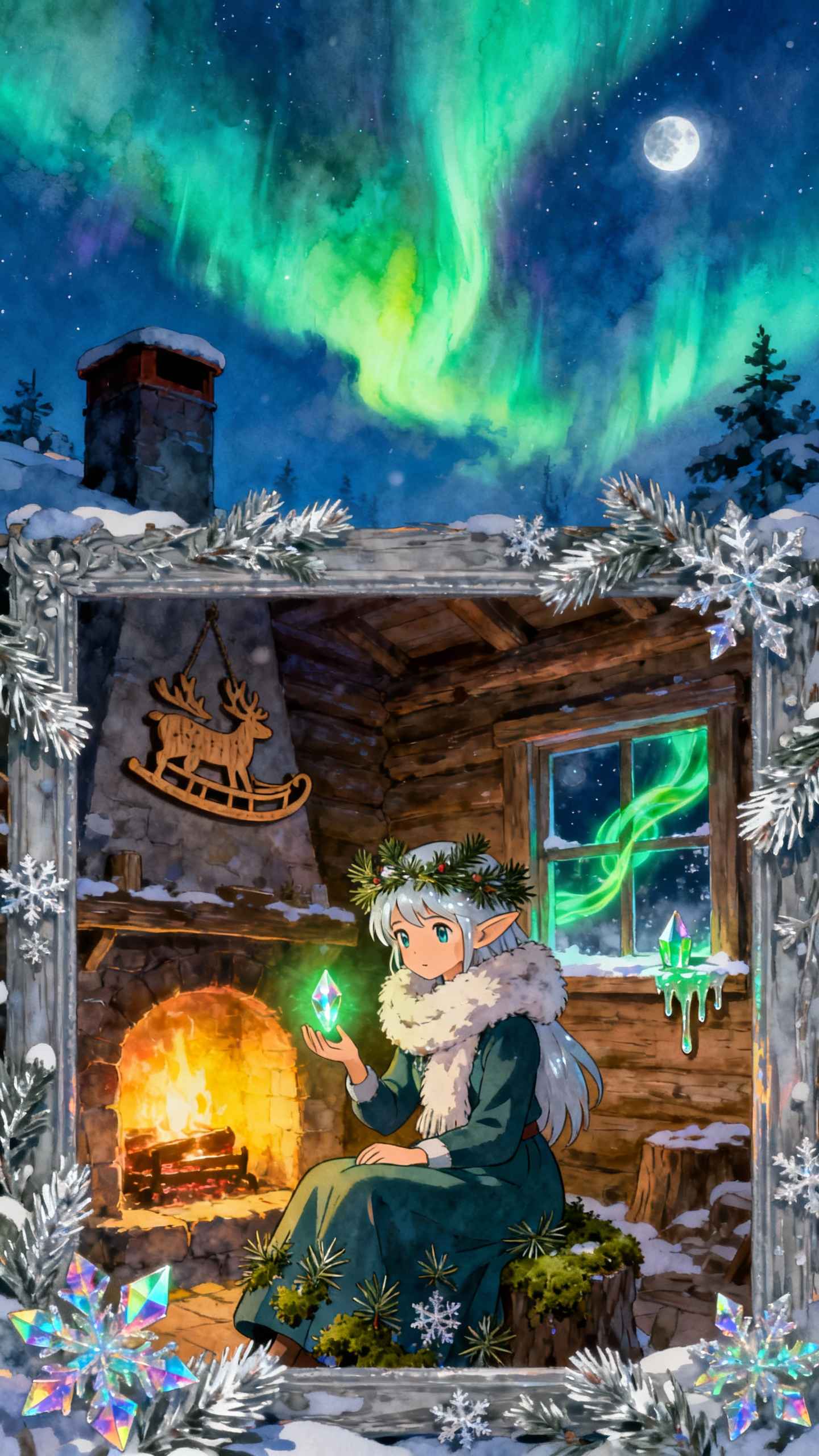 Elfa de Invierno y Cabaña con Aurora - Fondos HD