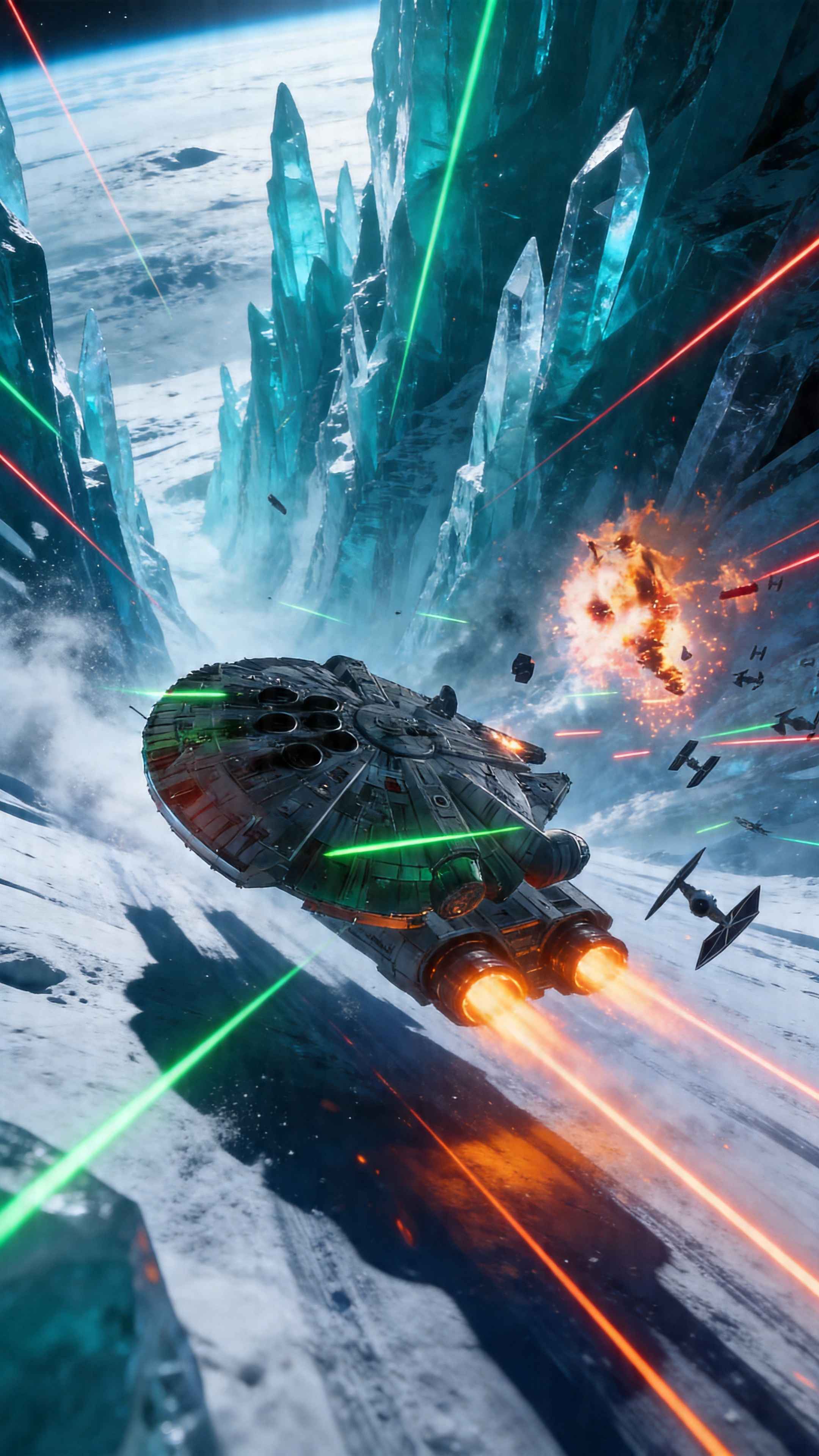 Millennium Falcon Ice Canyon Chase - 4K Phone Background