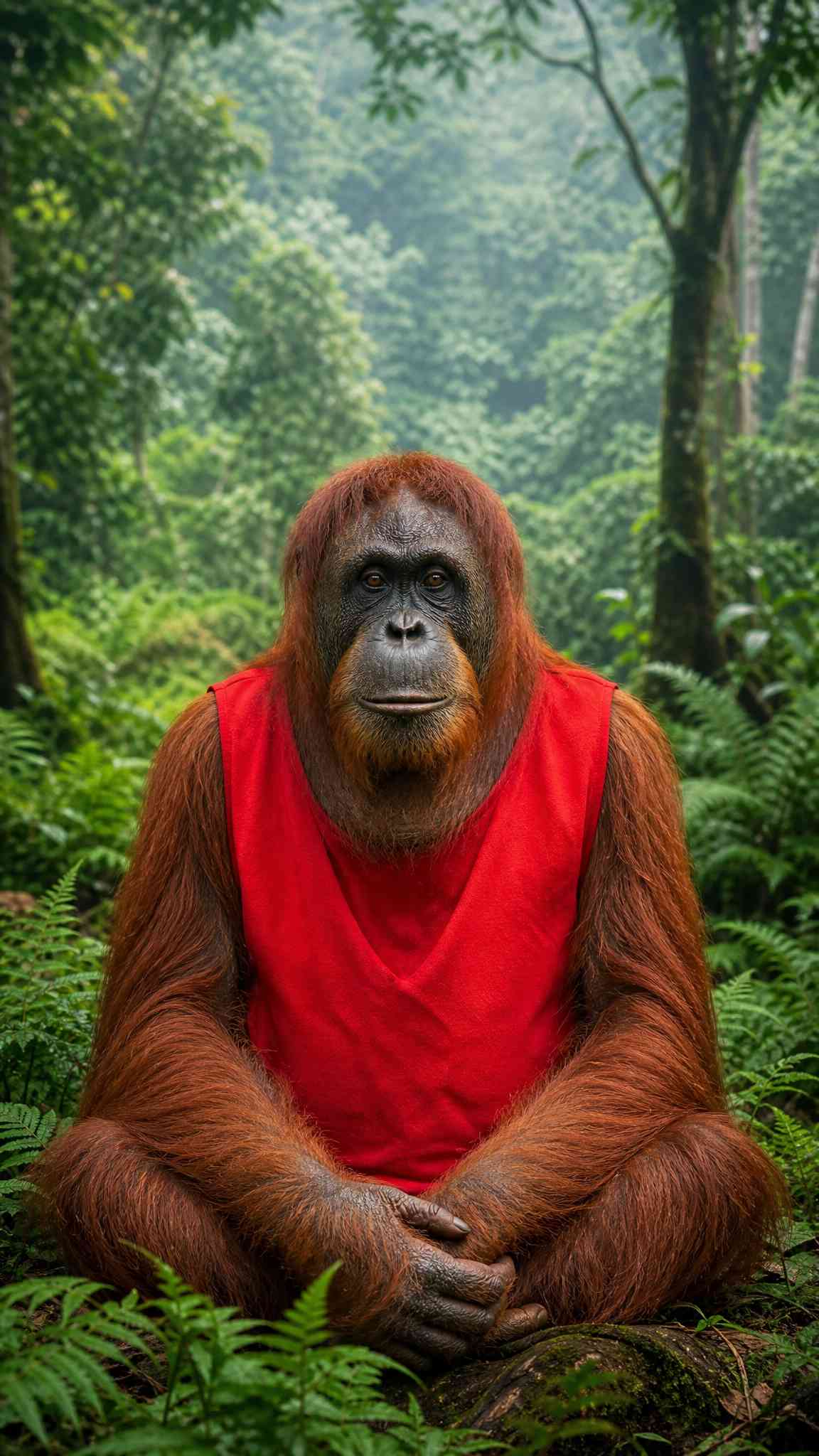 Majestic Orangutan in Red Shirt: Jungle Meditation Wallpaper