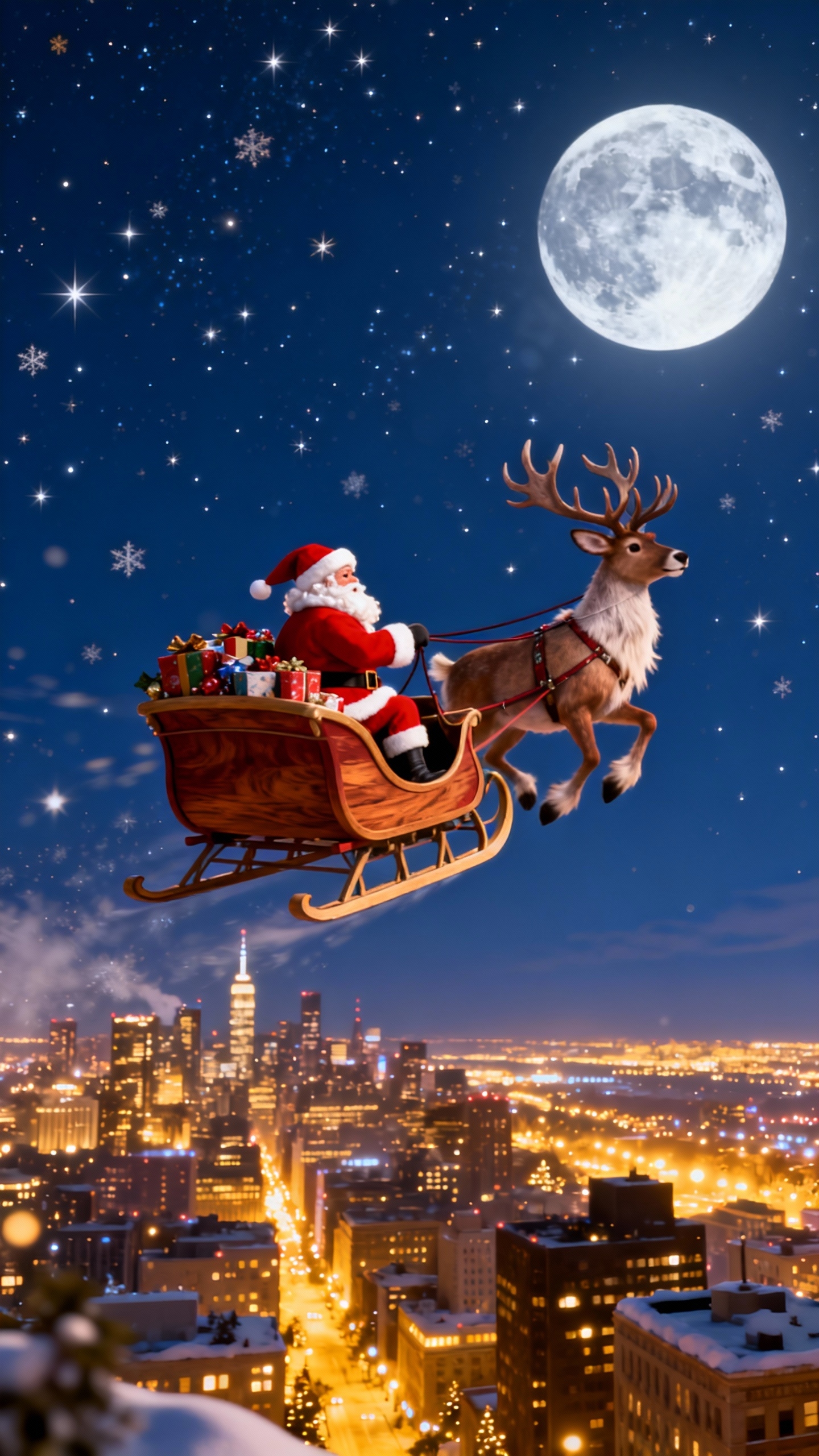聖誕老人坐在裝滿禮物的雪橇上，由馴鹿拉著飛越夜晚燈火輝煌的城市，背景有滿月與繁星。