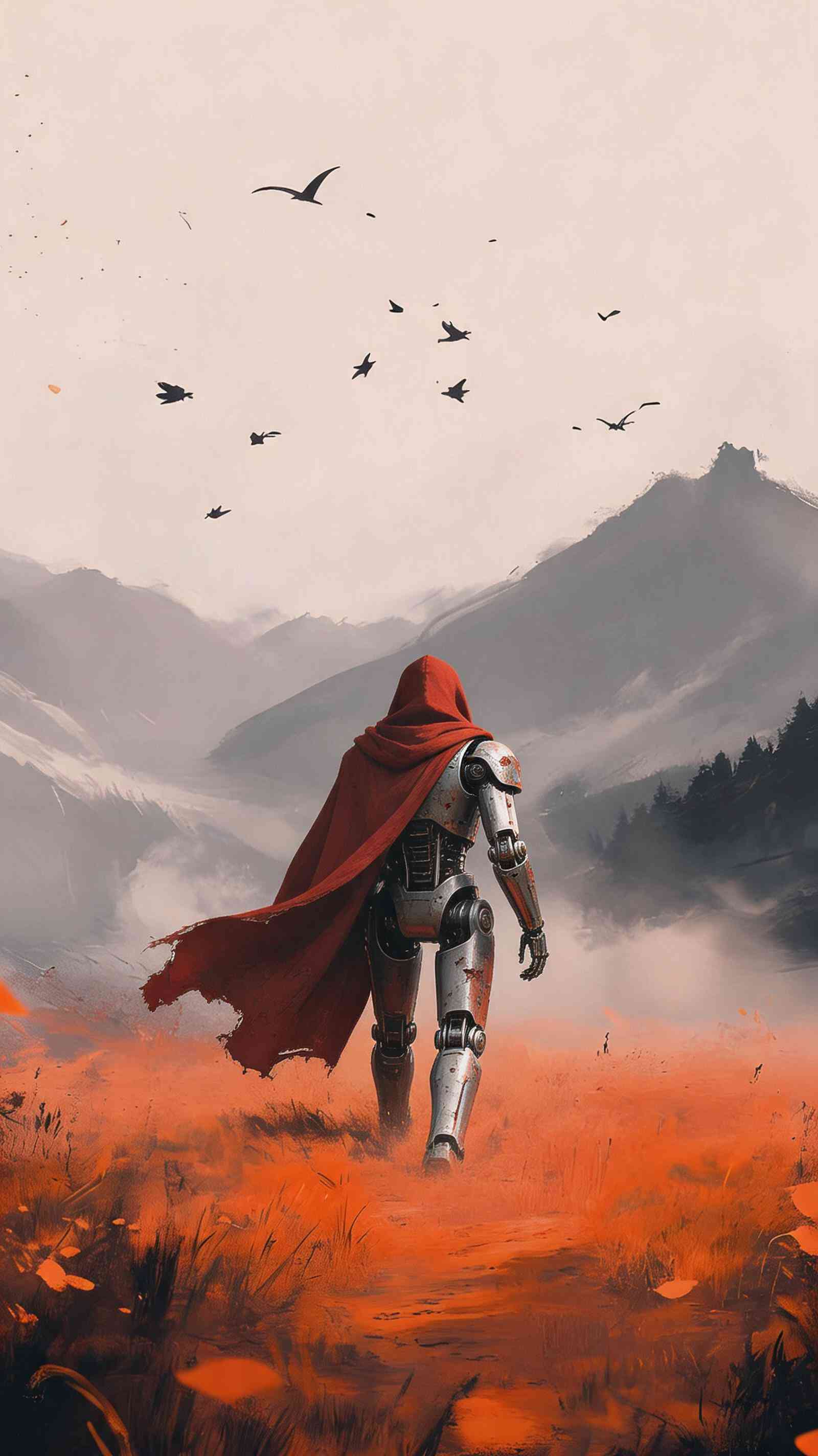 Robot Wanderer in Red Cloak - 4K Wallpaper