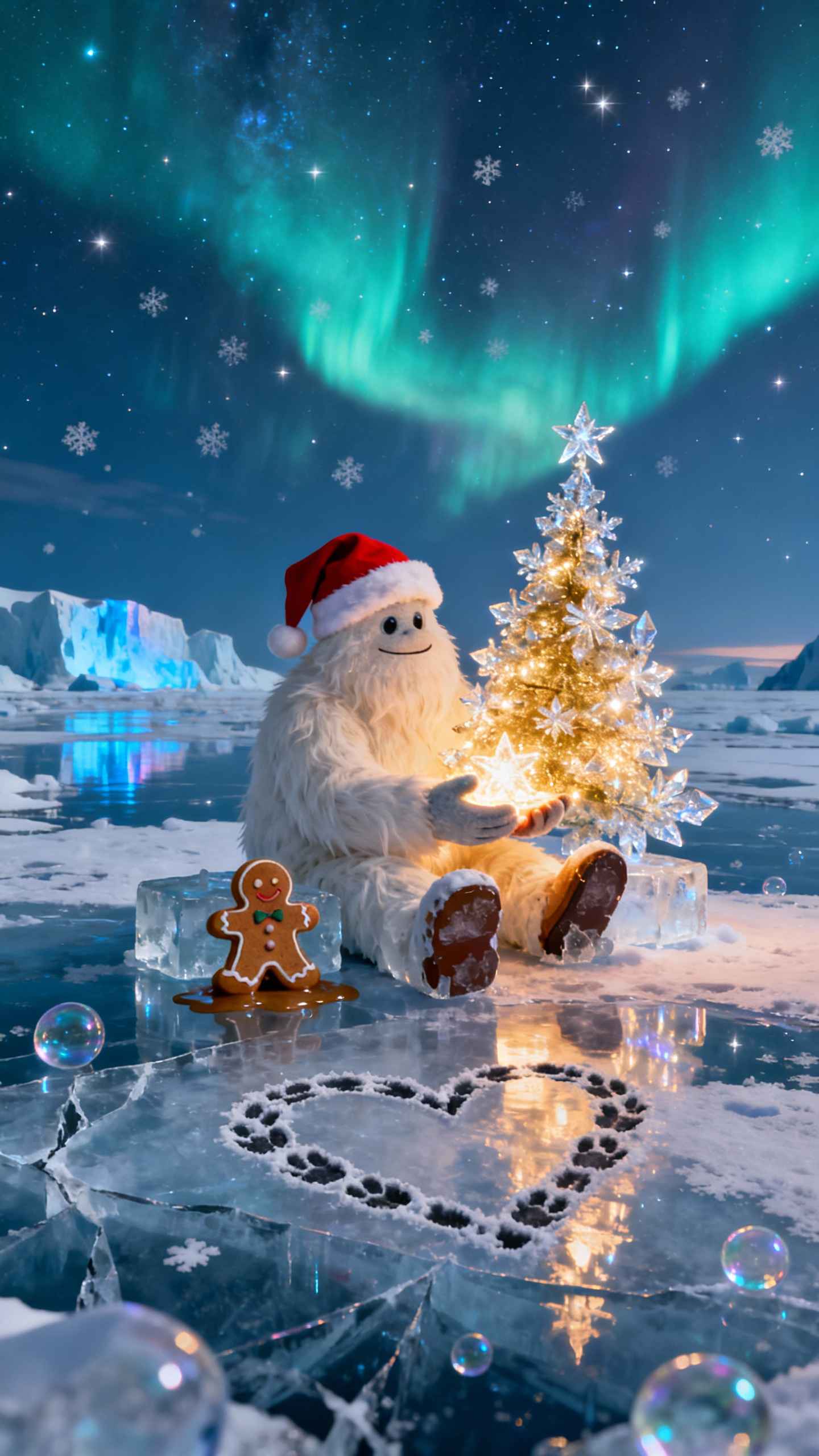 Weihnachts-Yeti und Polarlicht - 4K Handy Hintergrund