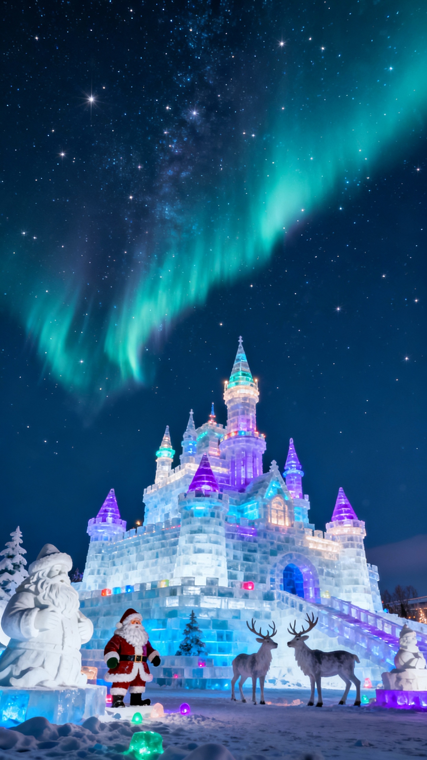 Christmas Ice Castle & Aurora - 4K Wallpapers