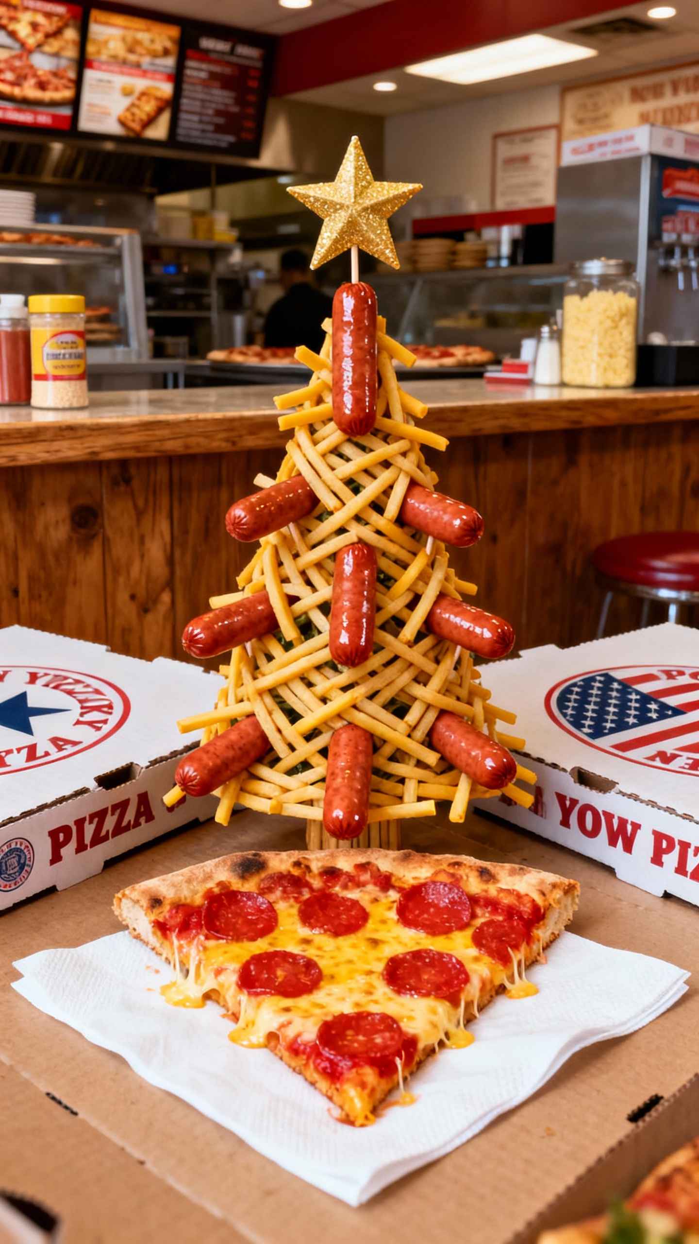 Sapin de Noël Pizza & Frites - Fond d'écran 4K