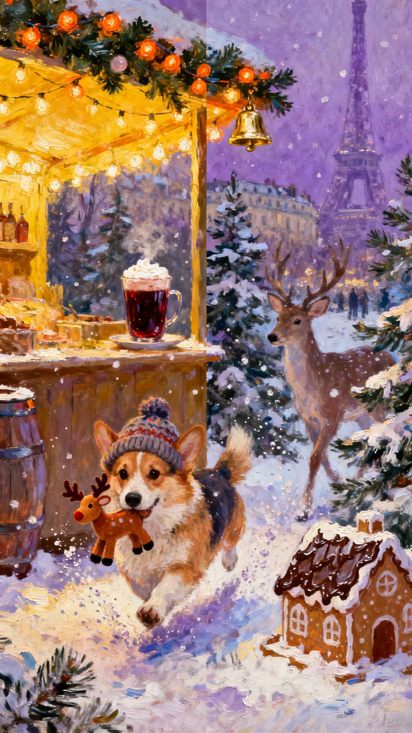 クリスマス・パリのコーギー - 4K 壁紙