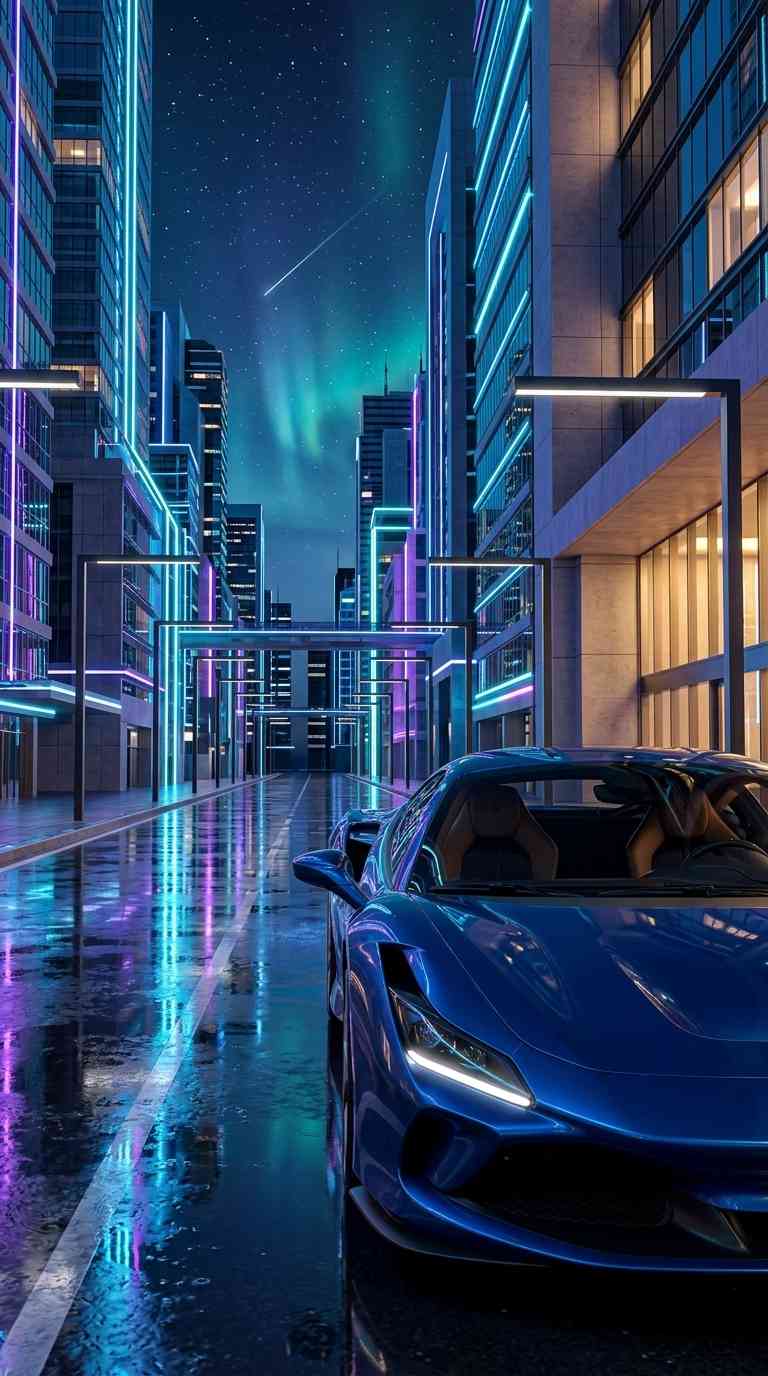 Voiture de Sport Bleue Cyberpunk - Fond d'écran 4K