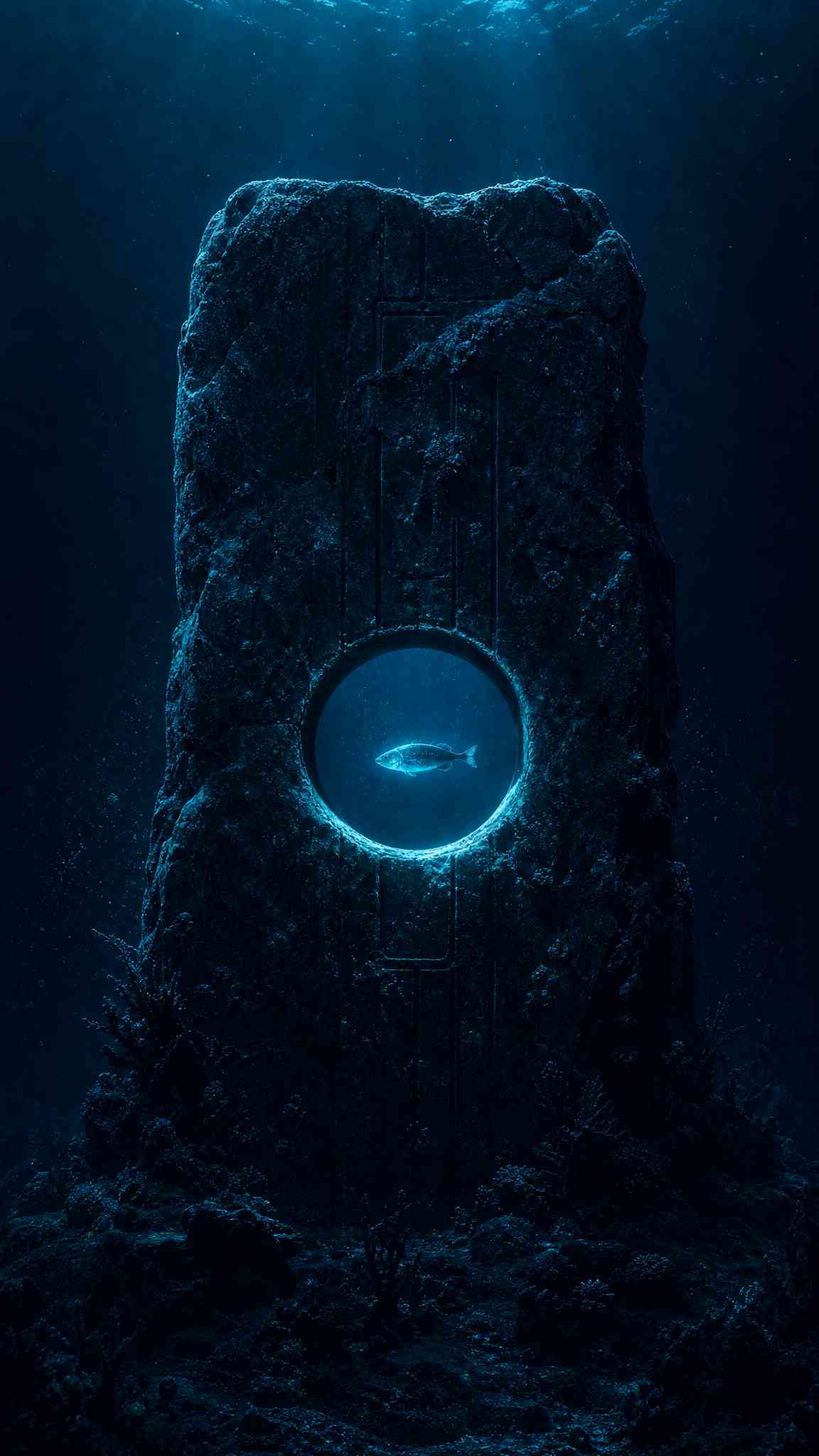 Mysterious Underwater Monolith with Glowing Fish 4K Wallpaper