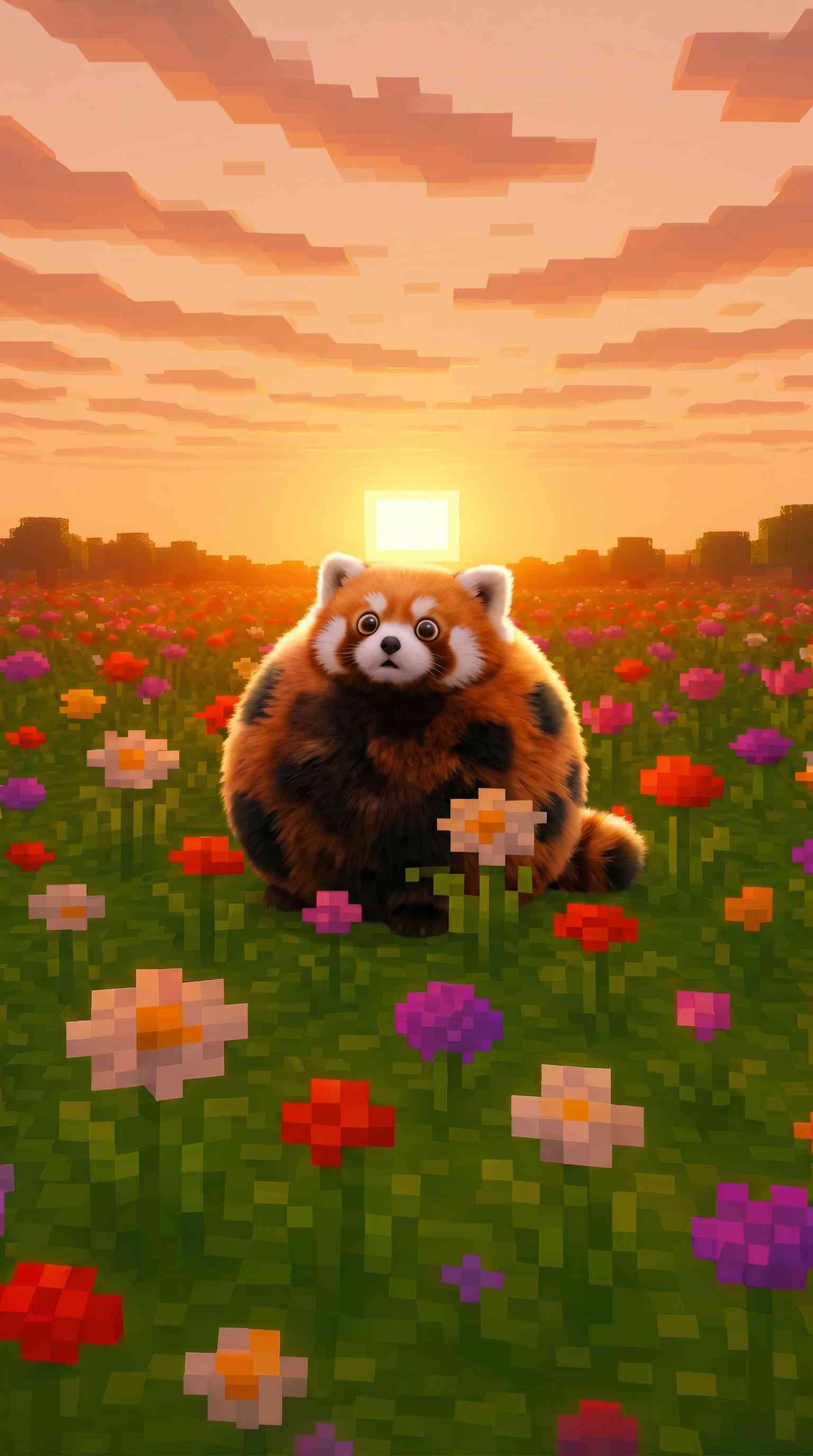 Pixel Red Panda Flower Field - 4K Wallpaper