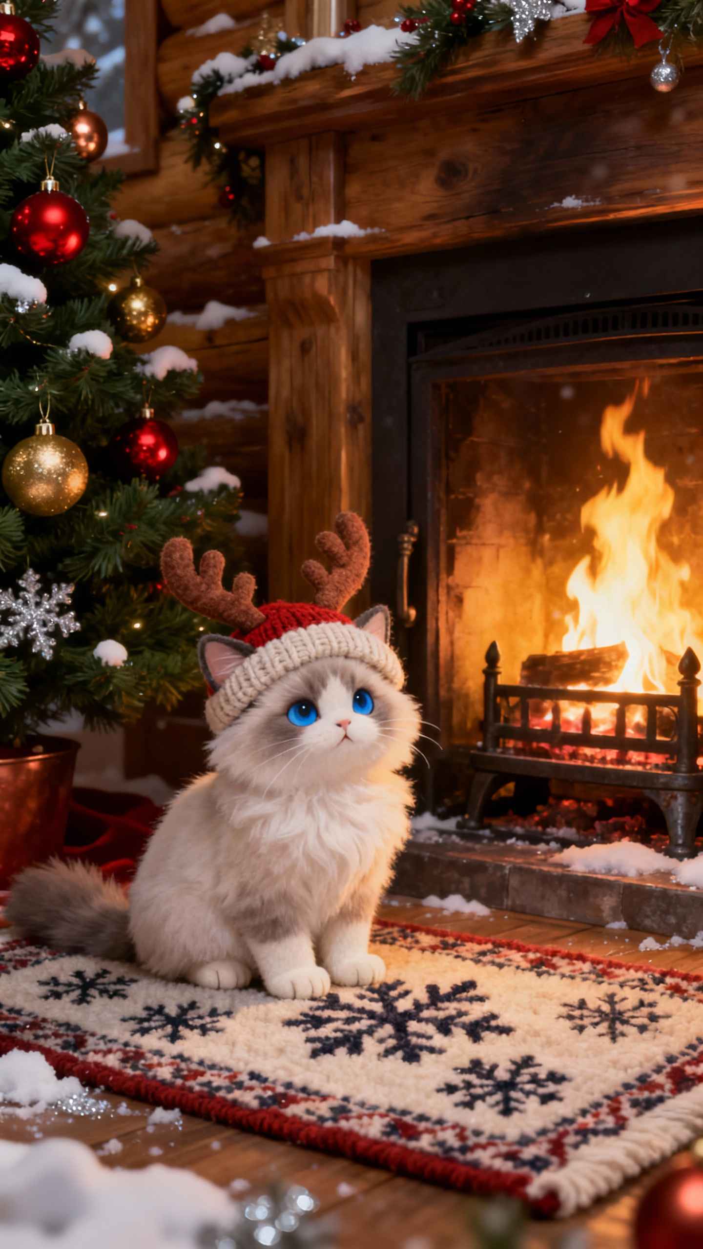 Christmas Reindeer Kitten Cozy Fireplace - 4K Wallpaper