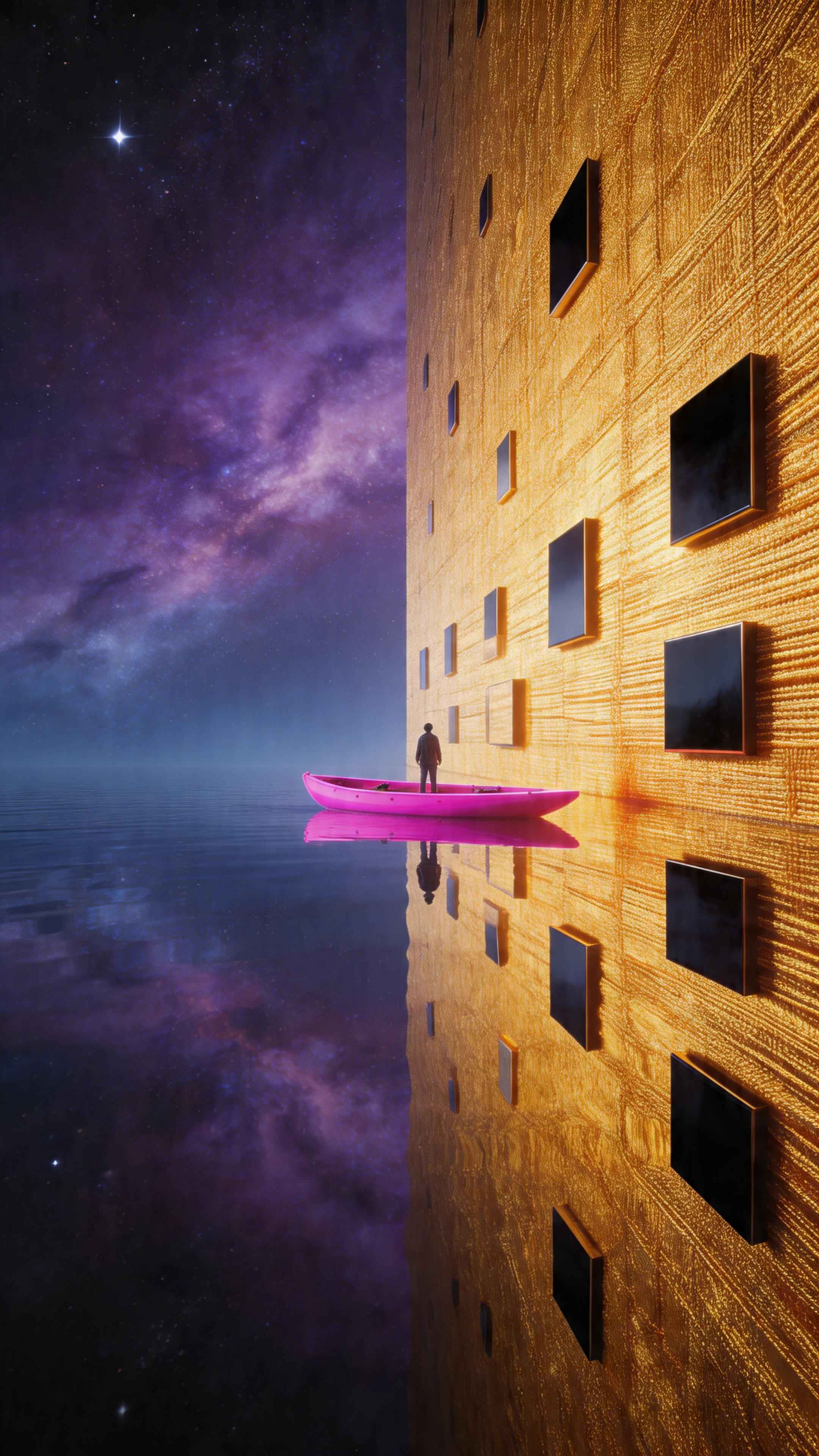 Surreal Golden Building & Pink Boat - 4K Wallpaper
