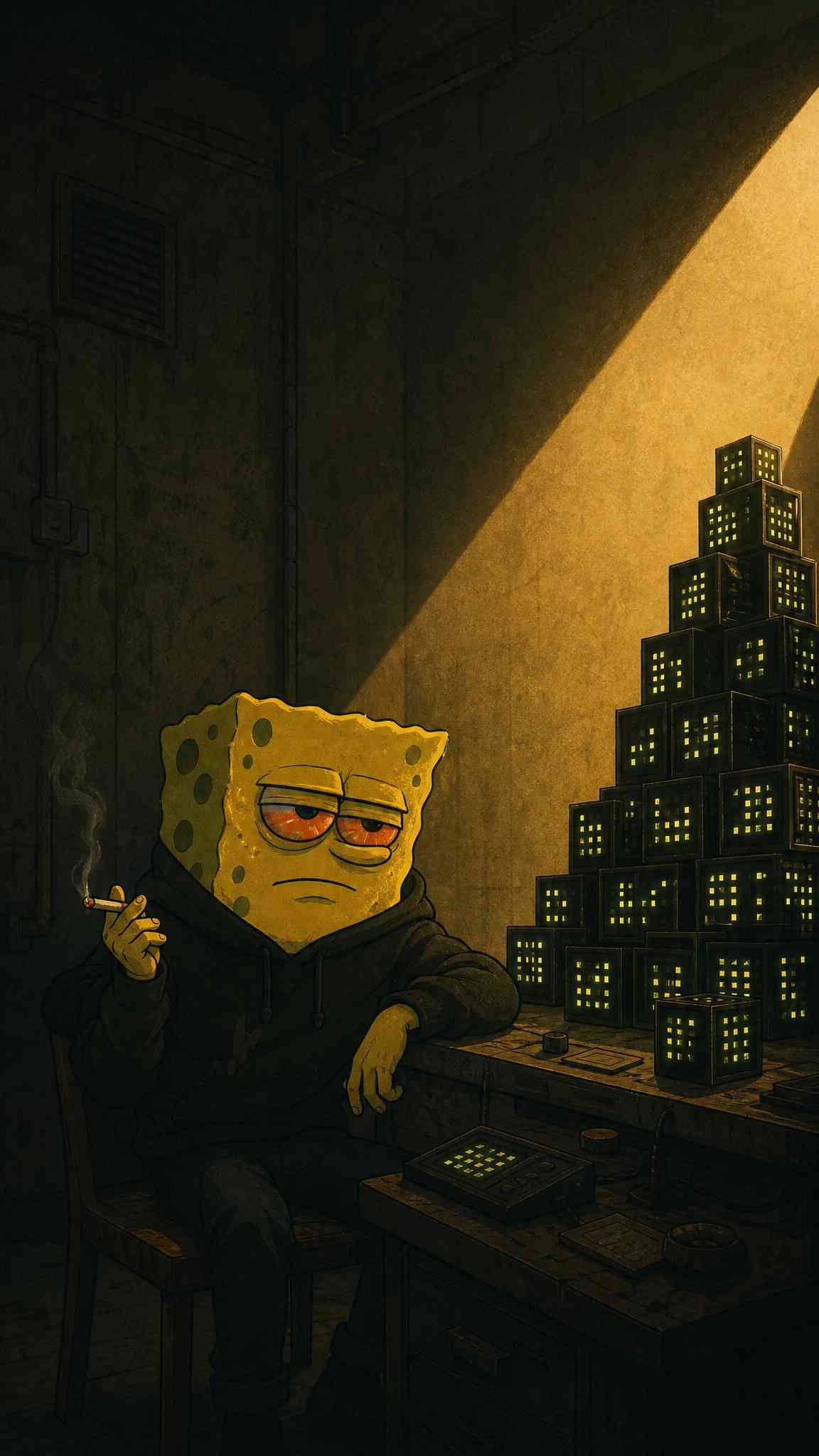 Dark Spongebob Smoking Dystopian City Wallpaper