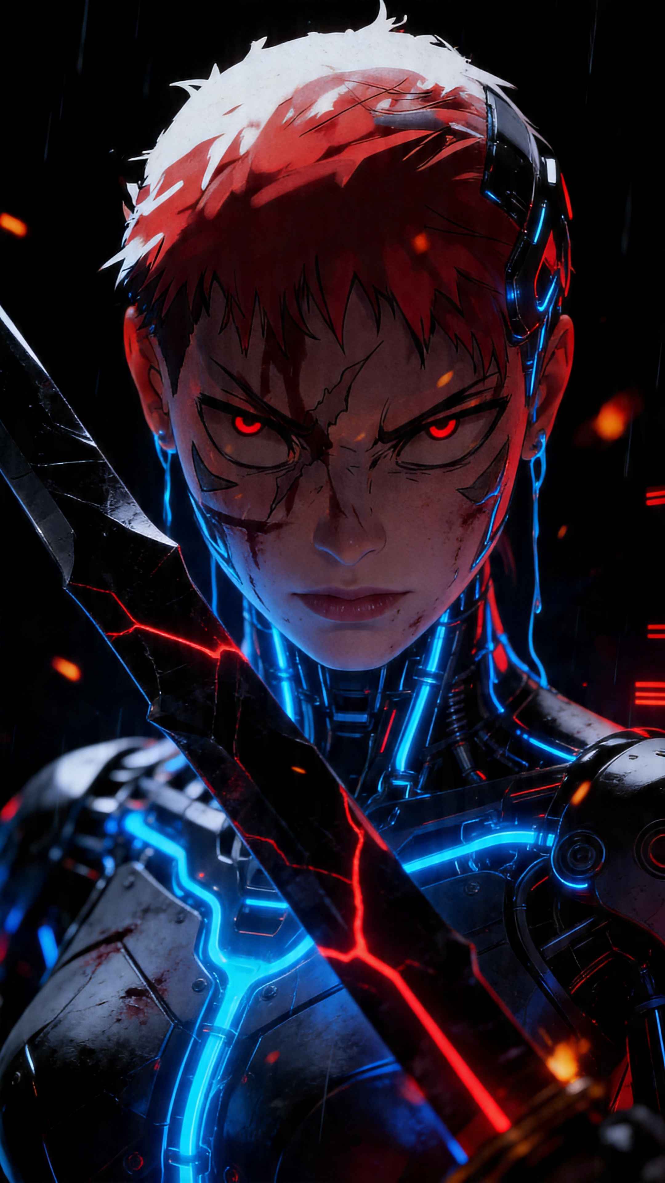 Red-Haired Cyborg Samurai - 4K Mobile Backgrounds