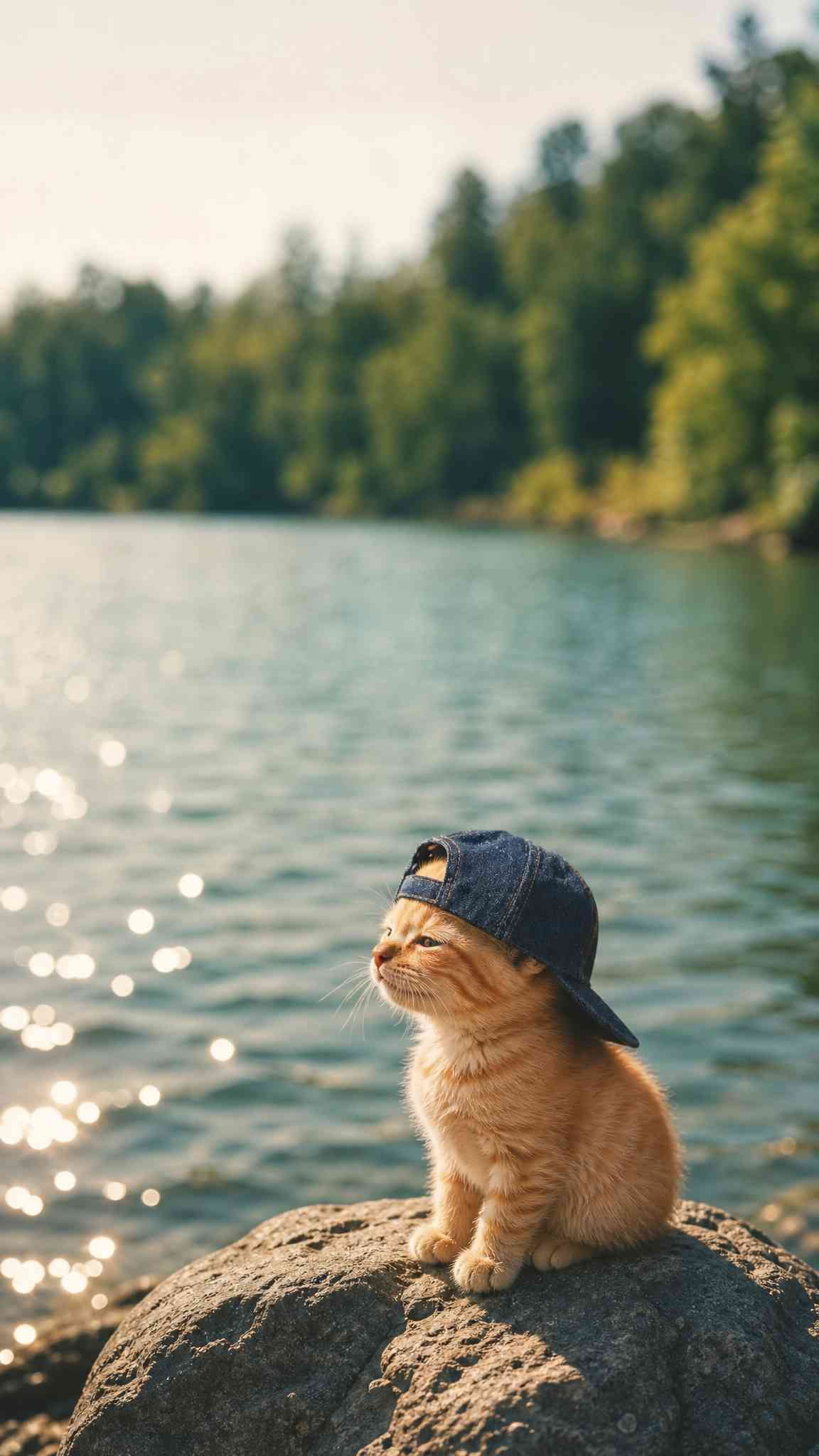 Adorable Kitten in Cap by Lake: Your New 4K Wallpaper