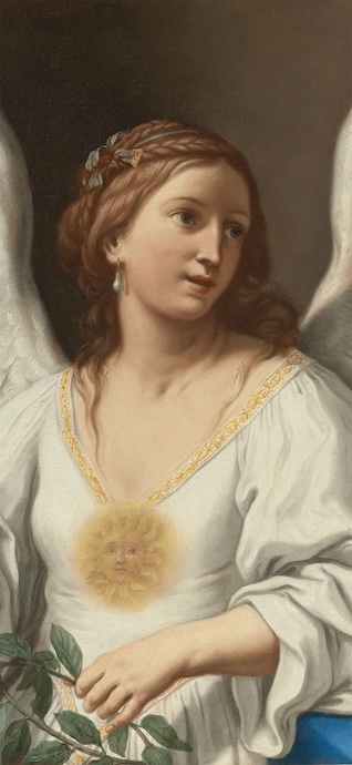 태양 문양이 있는 흰 드레스를 입고 올리브 가지를 들고 있는 날개 달린 천사의 고전 유화.