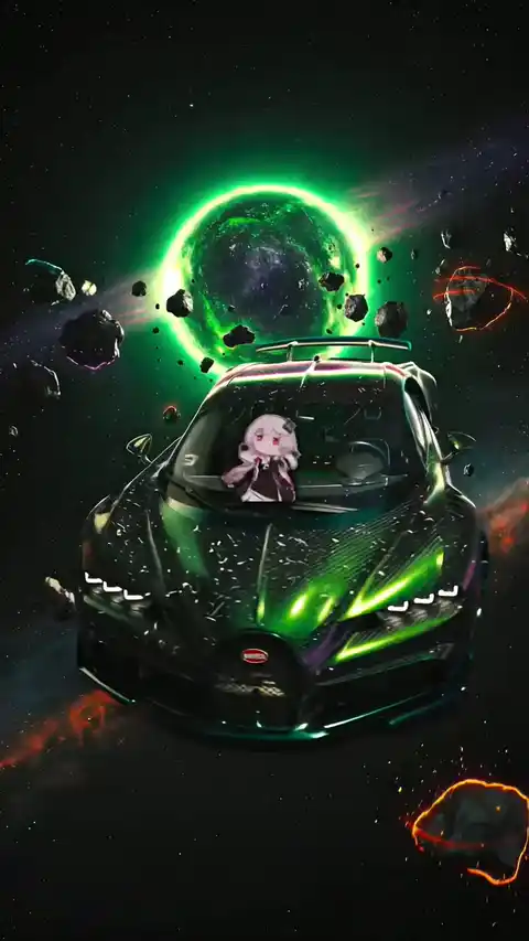 Bugatti im Weltall mit Anime Chibi - Live Hintergrund