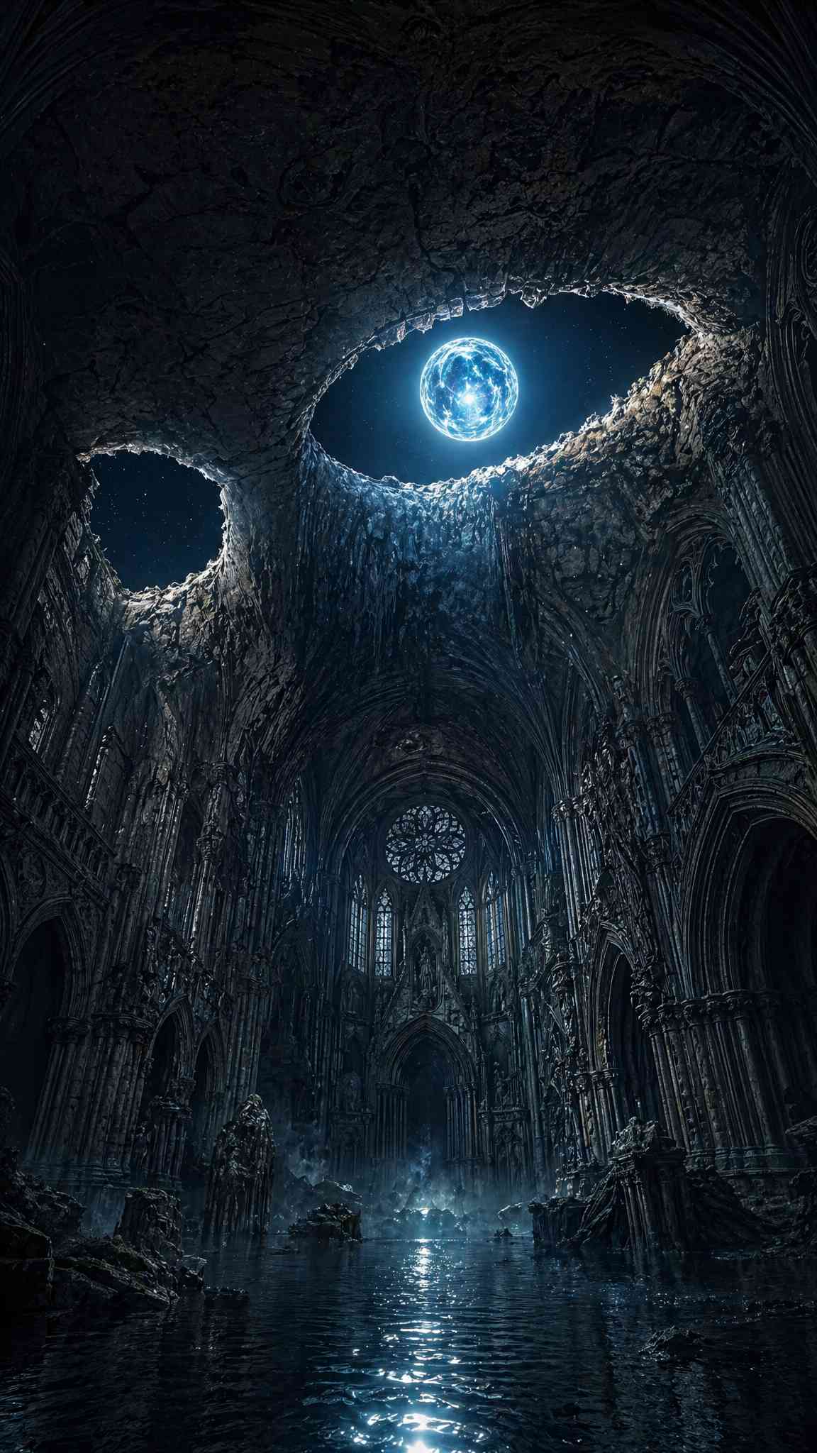 Mysterious Gothic Cavern with Blue Moon Wallpaper