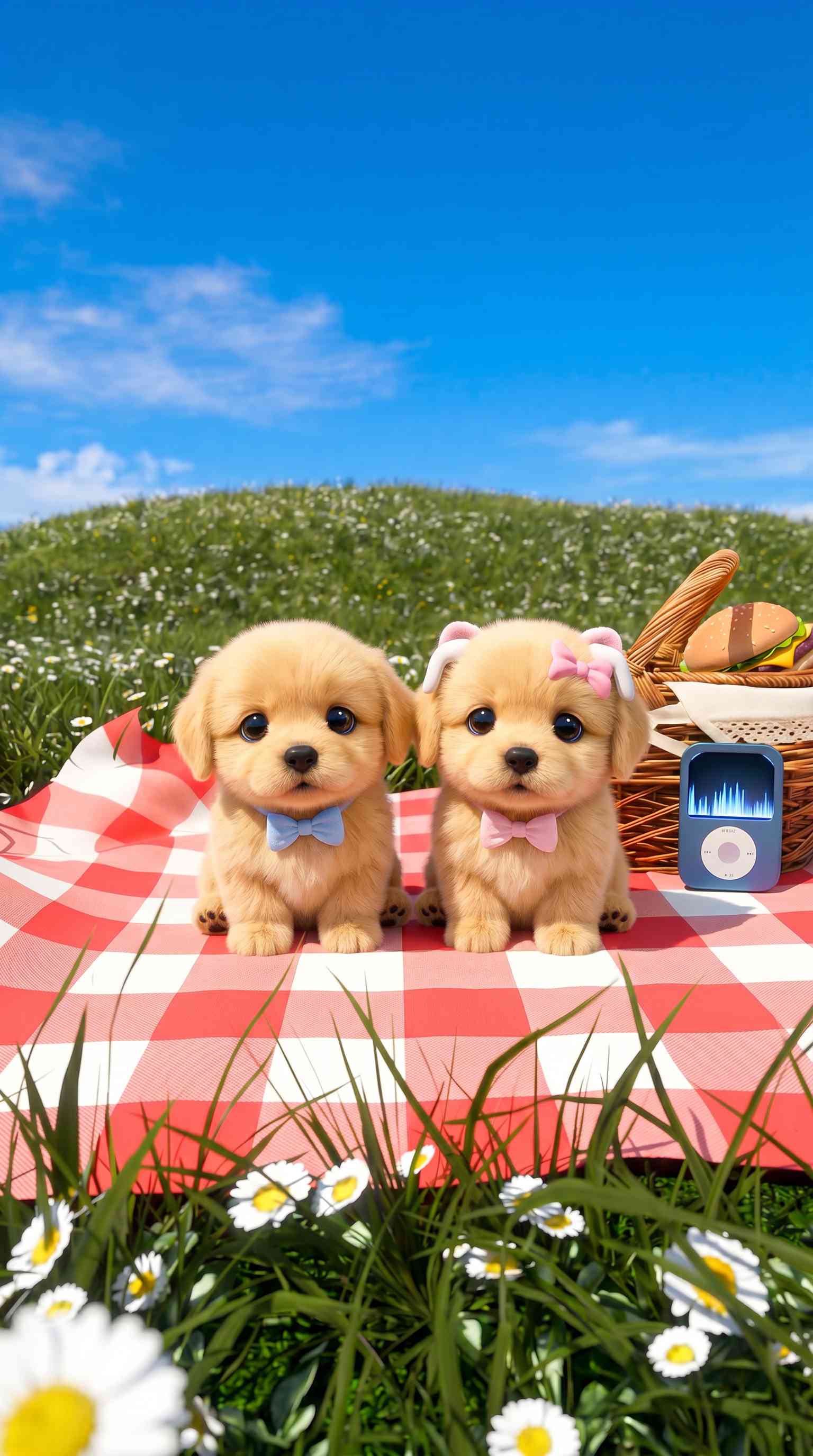 Cute Puppies Picnic - 4K Mobile Wallpaper