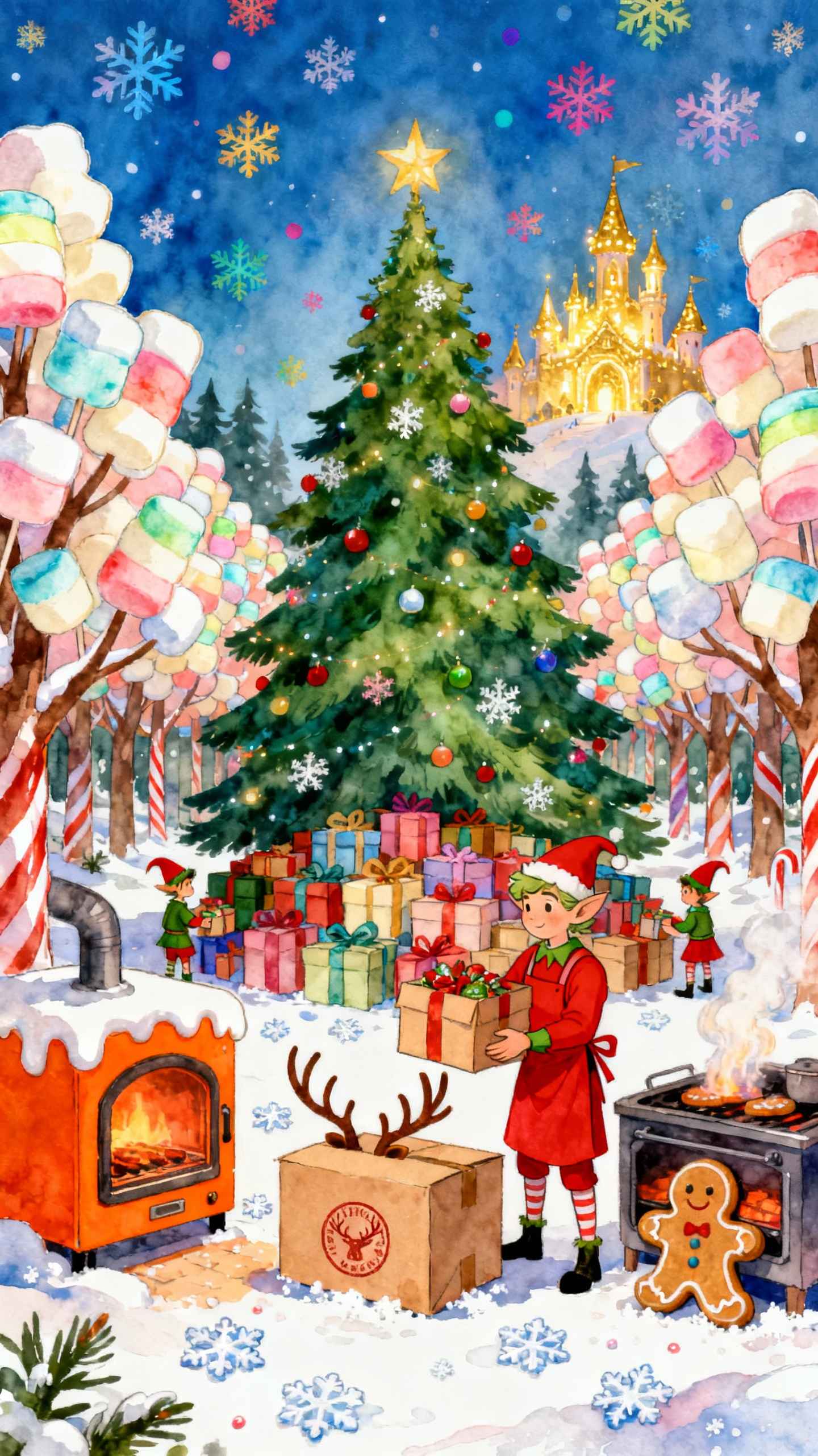 Navidad Acuarela Elfos - Fondos para Celular 4K