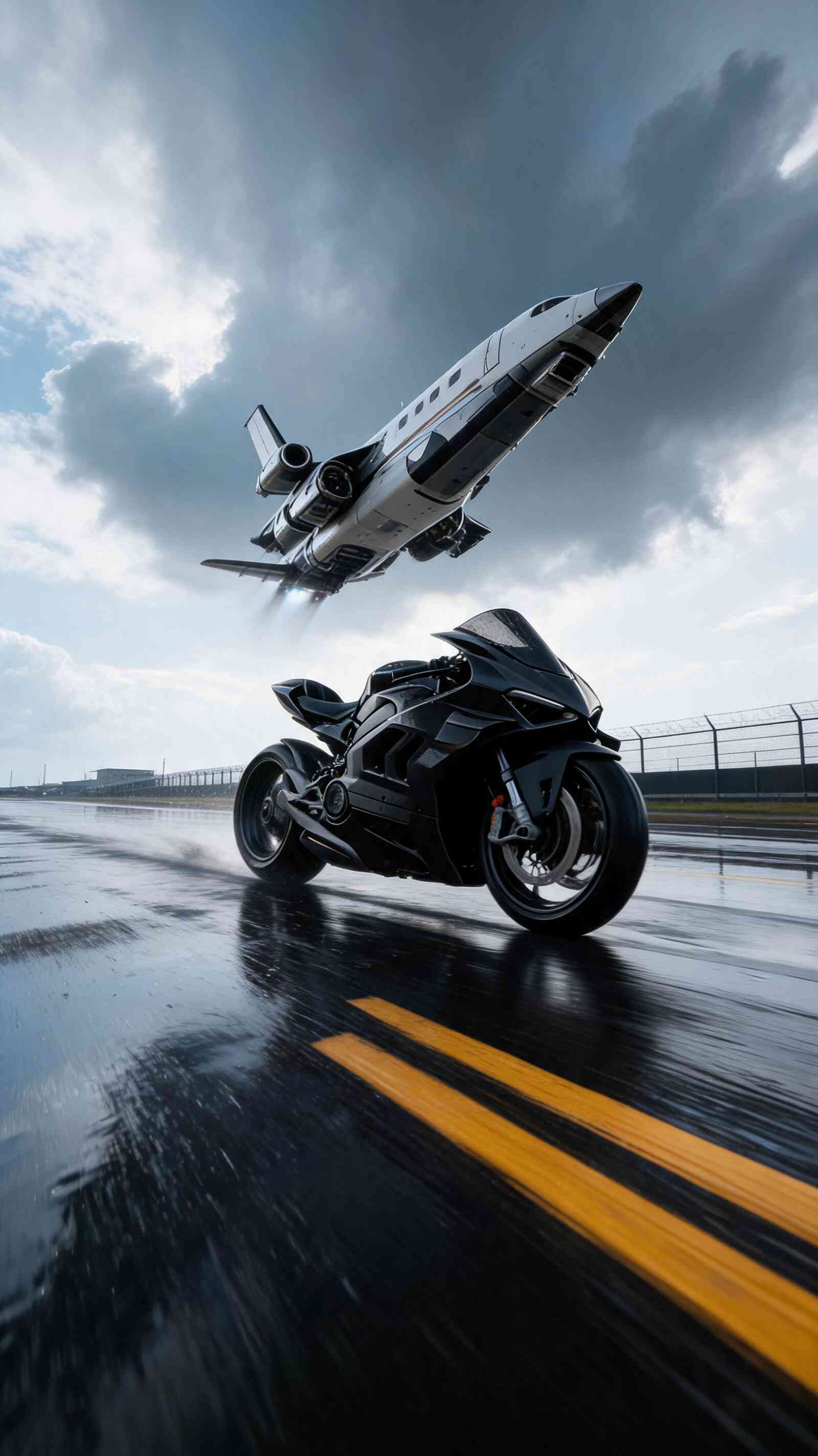 Superbike Noire et Jet Futuriste - Fond d'Écran 4K