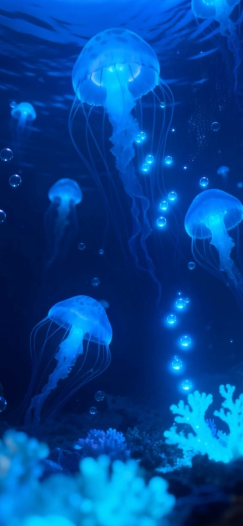Animated illustration of glowing blue jellyfish floating in a deep dark ocean above corals with rising bubbles.