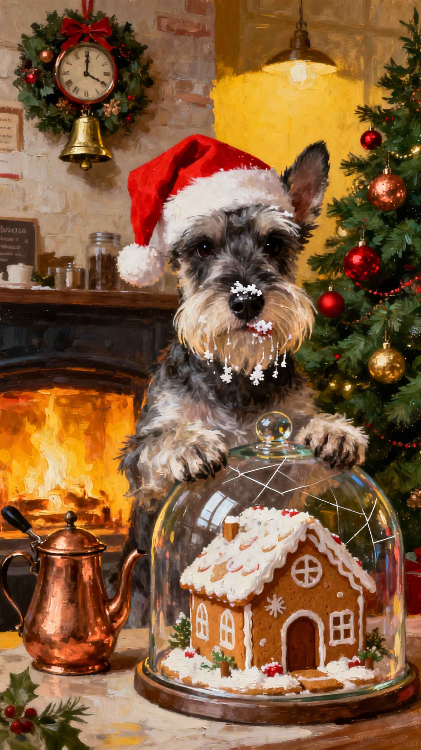 Schnauzer Navideño y Casa de Jengibre - Fondos 4K