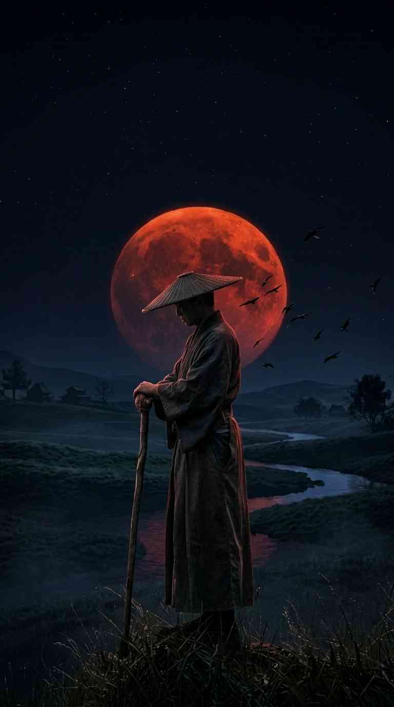 Samurai unter dem Blutmond - 4K Wallpaper