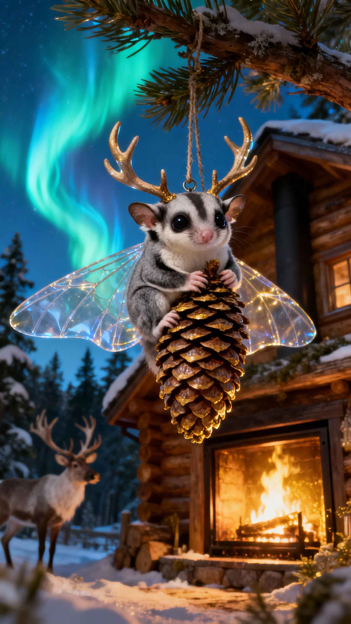 Winter Sugar Glider & Aurora Borealis - 4K Wallpaper
