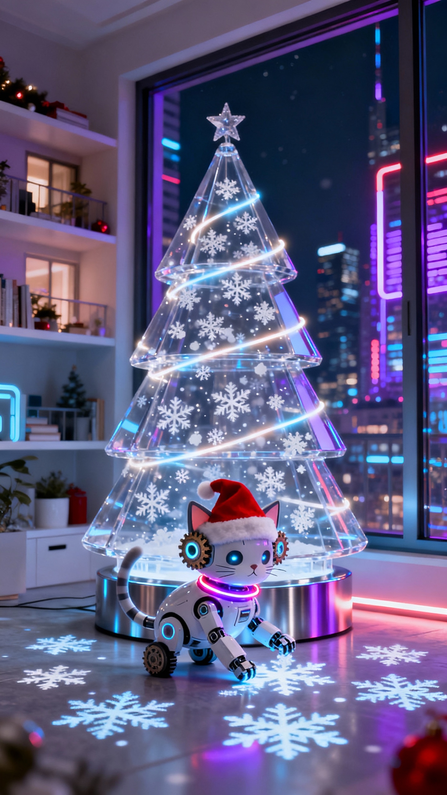 Chat Robot Noël Cyberpunk - Fond d'écran 4K