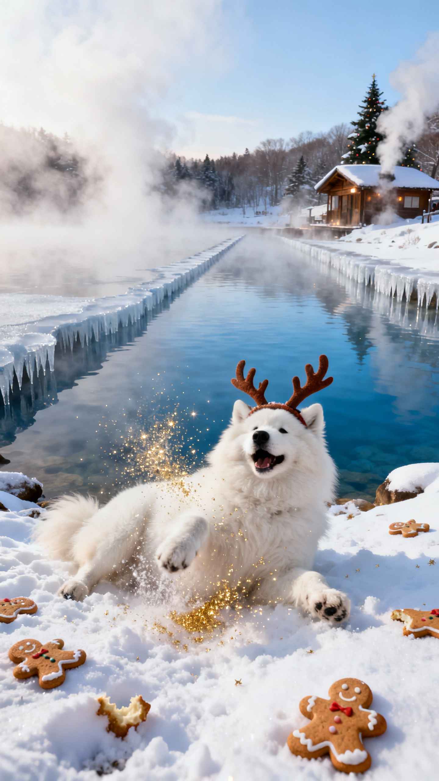 Weihnachtlicher Samojede im Winter - 4K Wallpaper