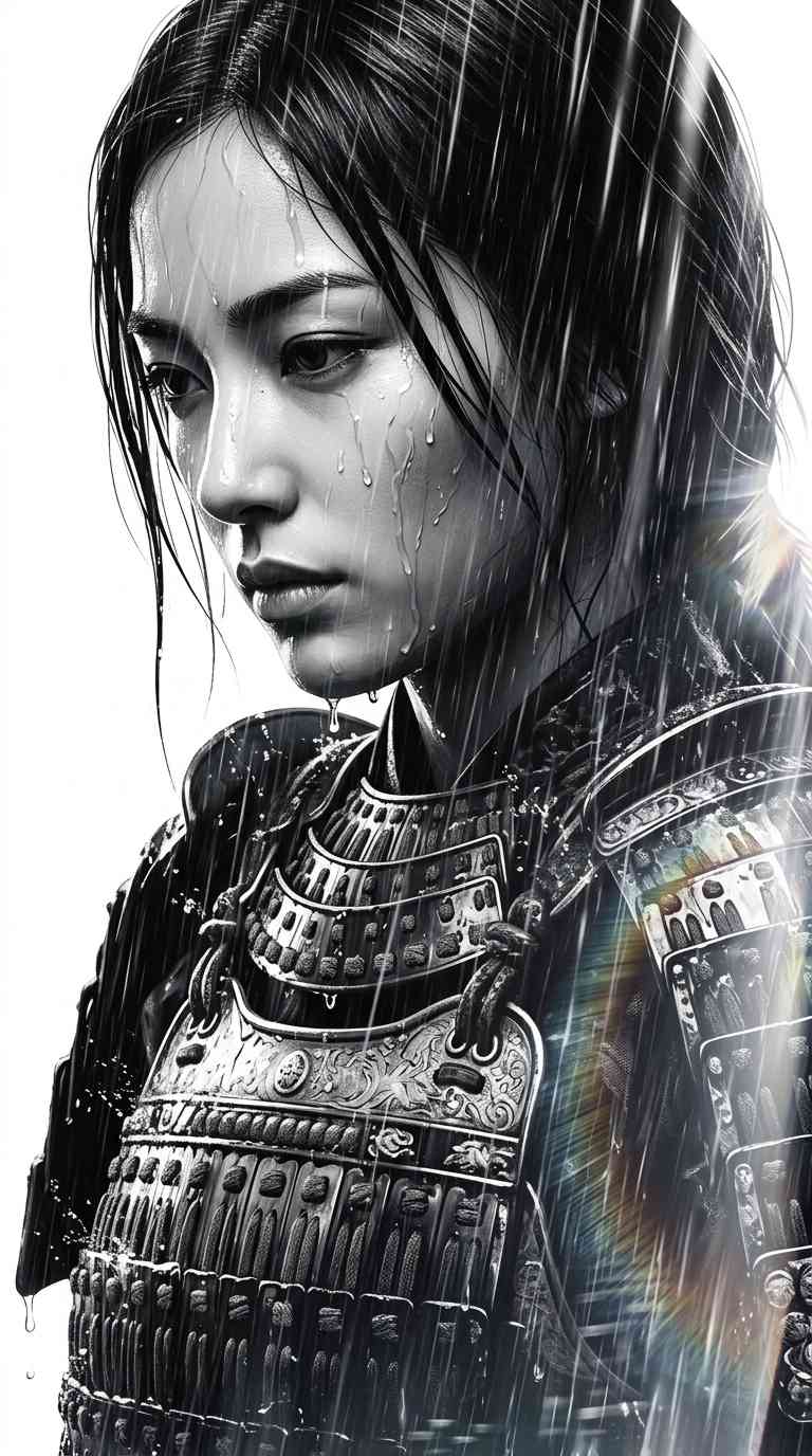 Weibliche Samurai im Regen - 4K Hintergrundbild