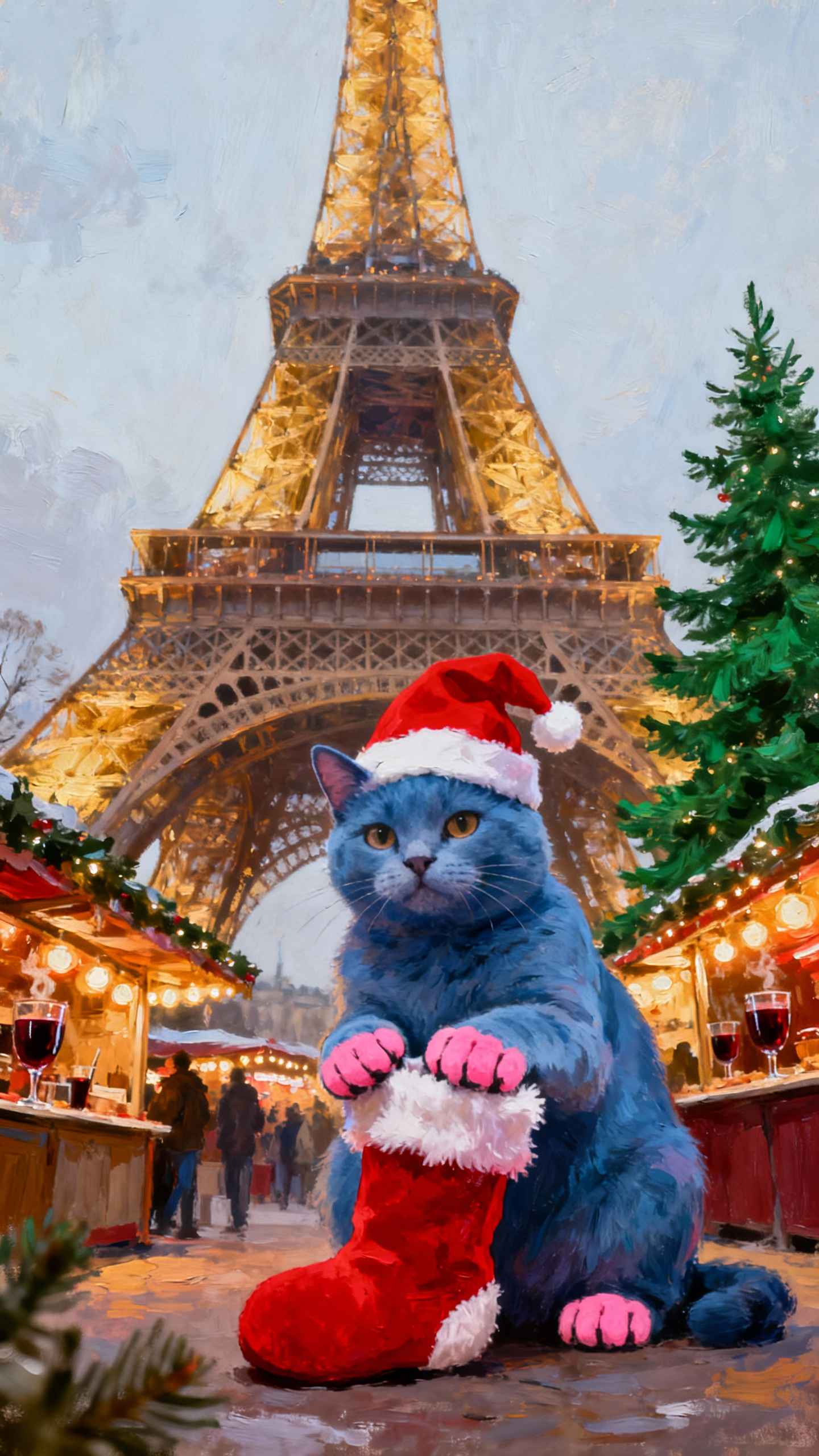パリのクリスマス猫 絵画風 - 4K壁紙・待ち受け