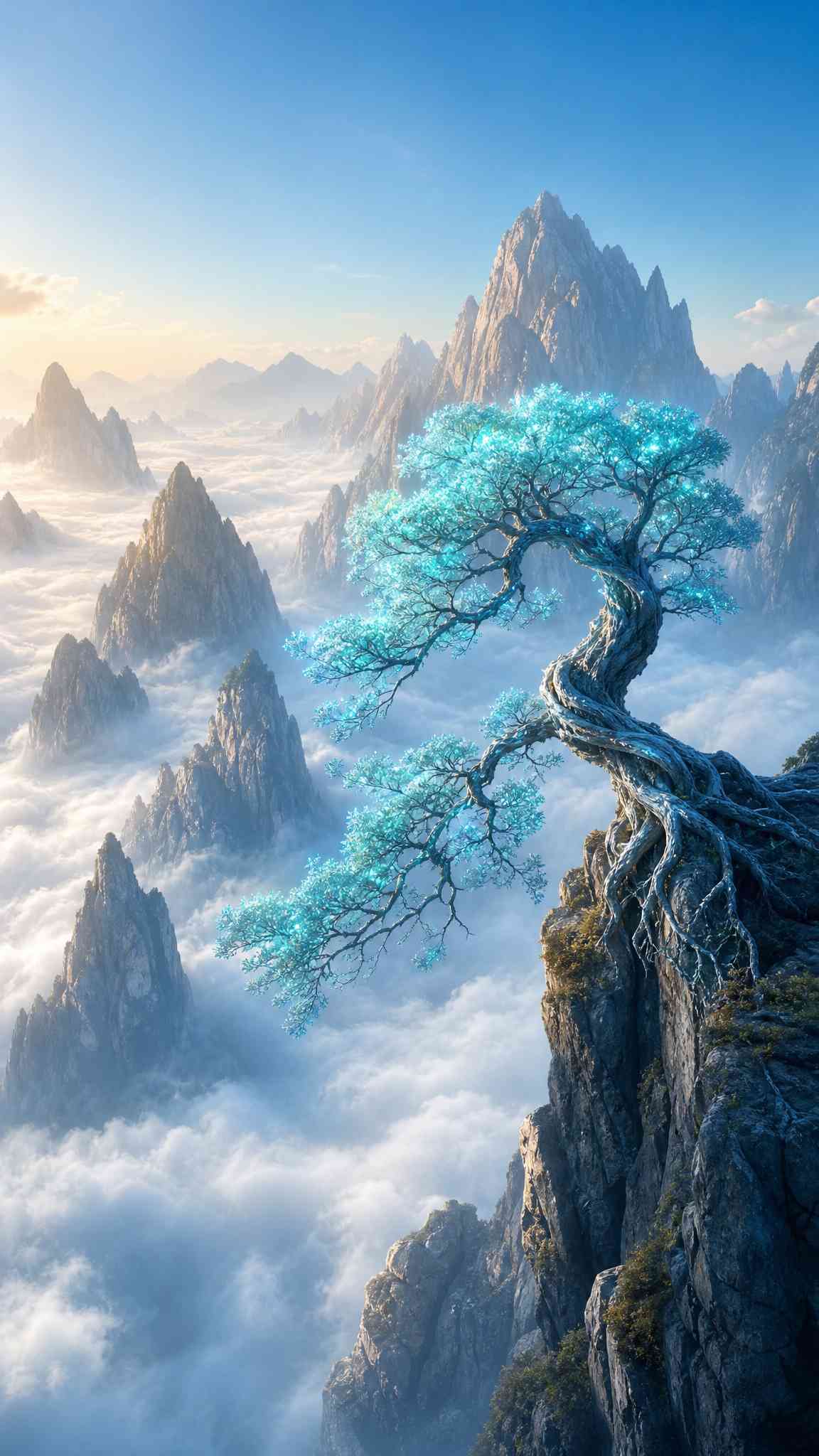 Mystical Glowing Blue Tree 4K Mobile Wallpaper