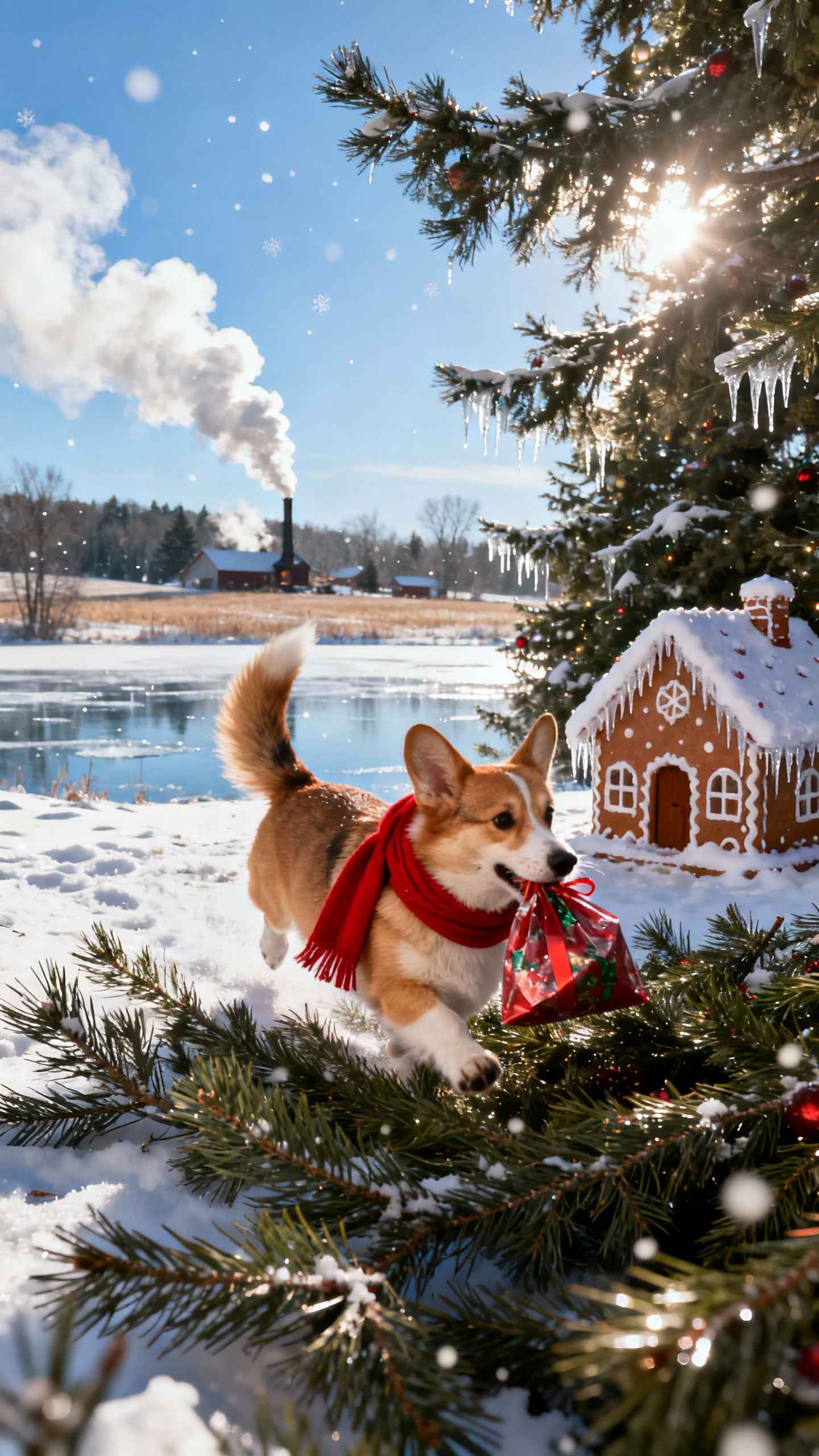 Weihnachts-Corgi Winterlauf - 4K Hintergrundbild