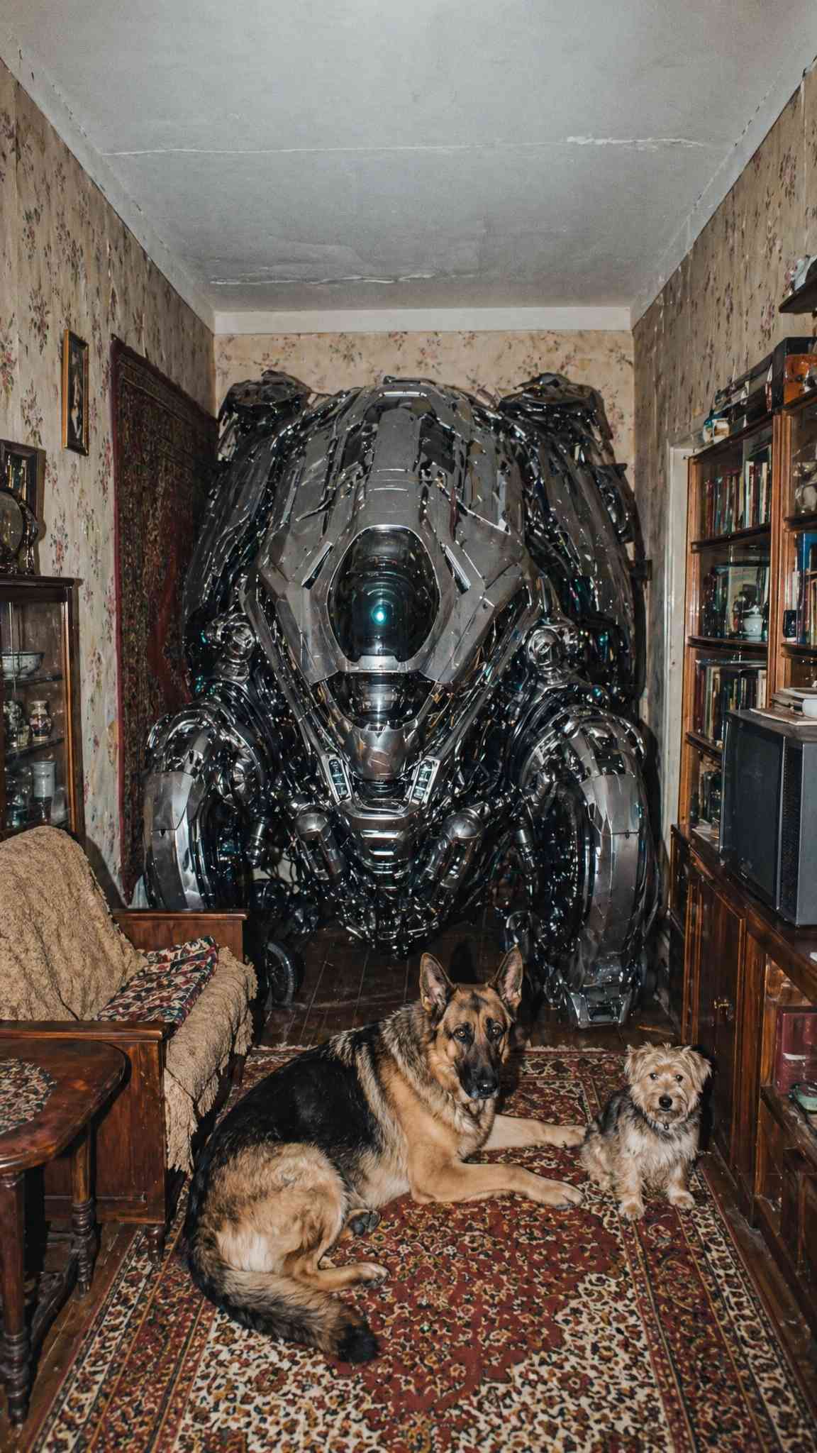 Giant Robot & Dogs: Unique 4K Phone Wallpaper