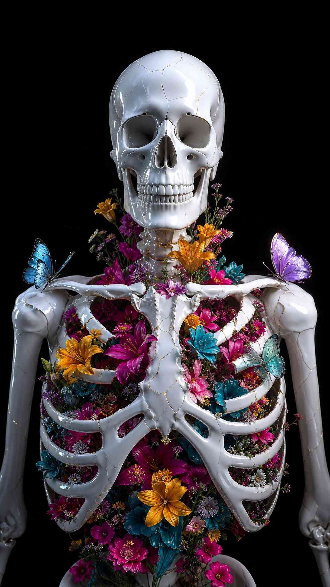 Vibrant Floral Skeleton & Butterfly 4K Wallpaper