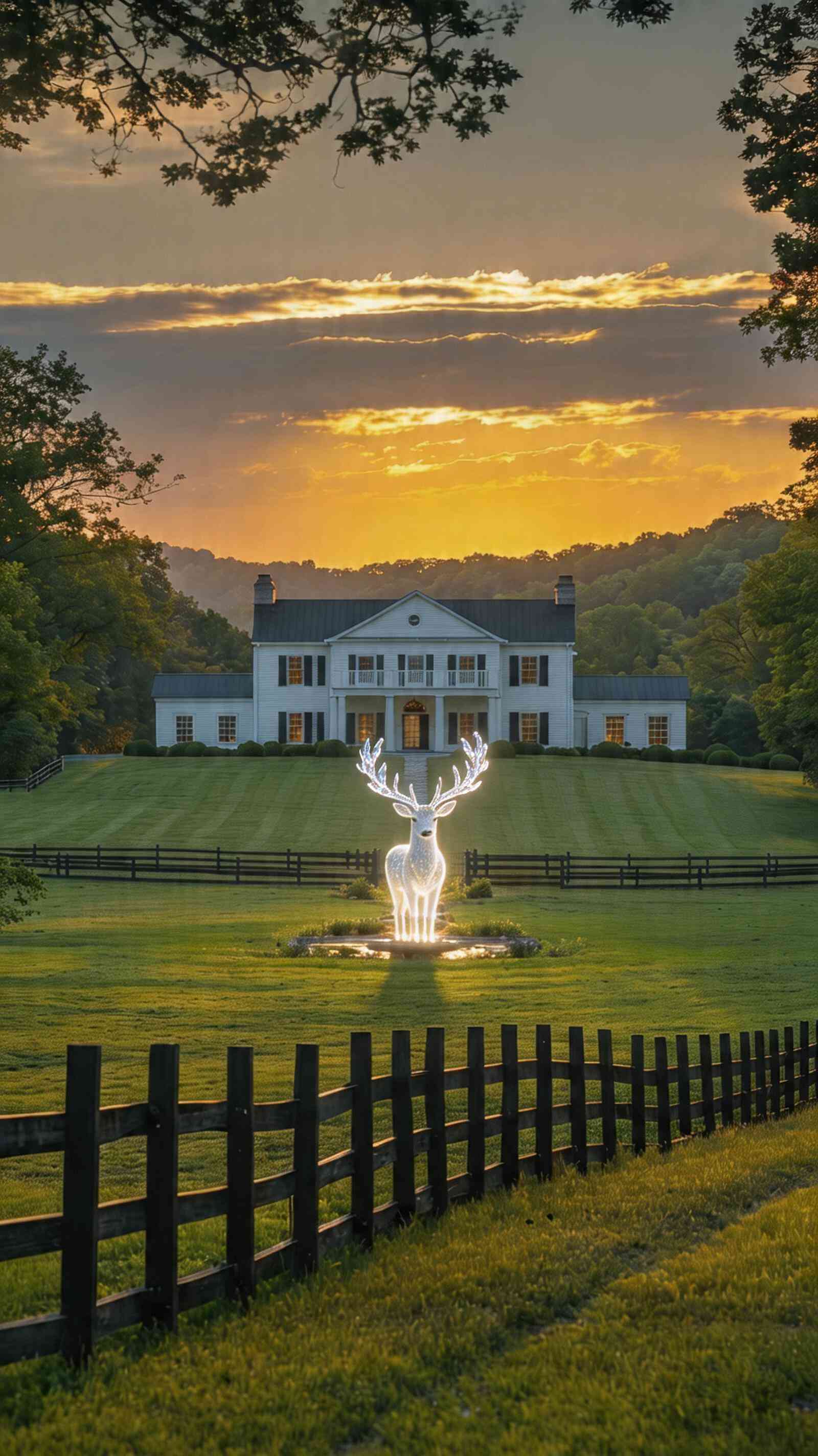 Majestic Sunset Estate with Glowing Deer Wallpaper