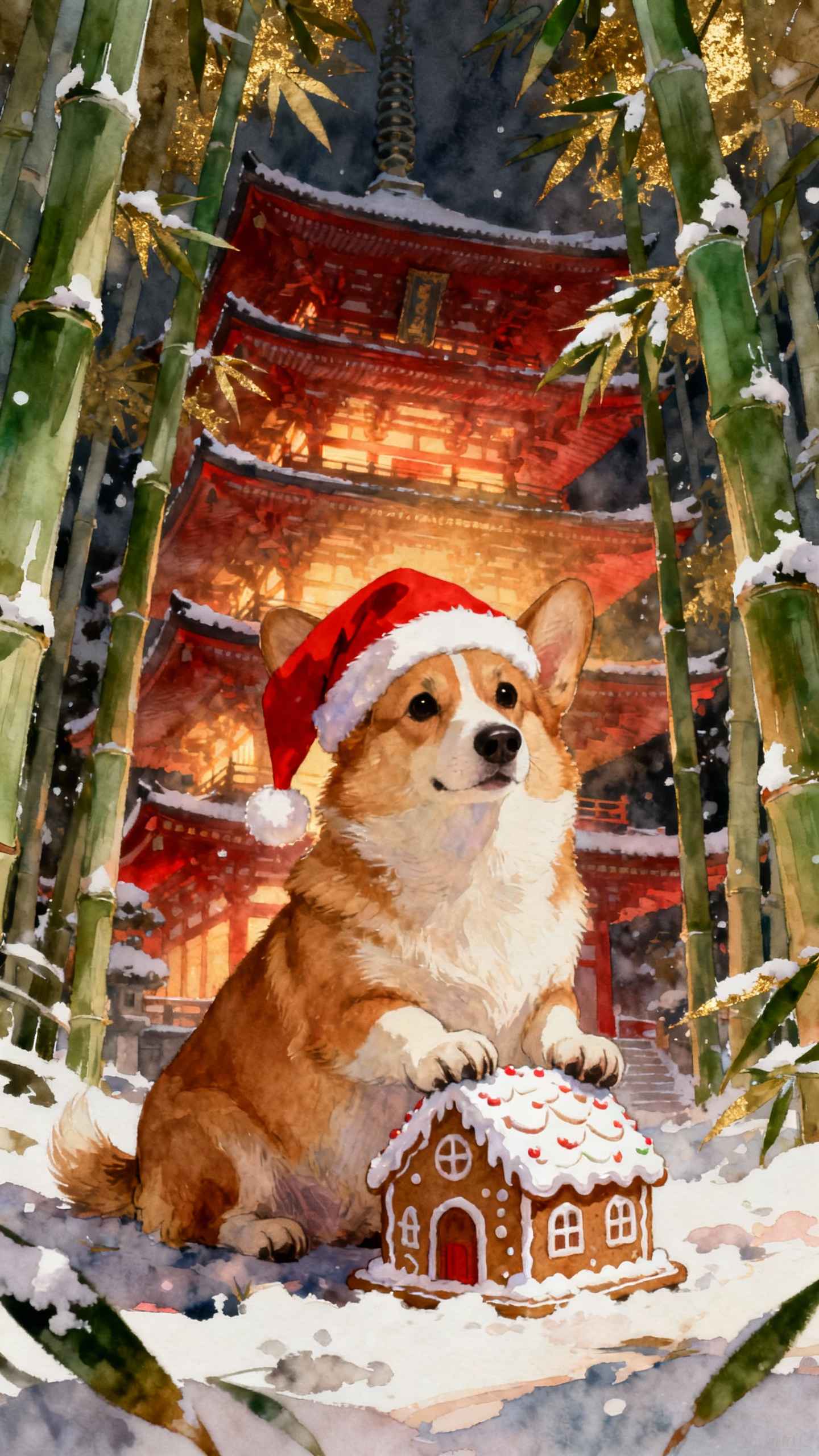 Weihnachts-Corgi Aquarell - 4K Hintergrundbild