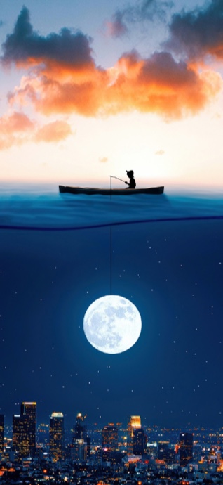 Boy Fishing for the Moon Surreal Art - 4K Backgrounds