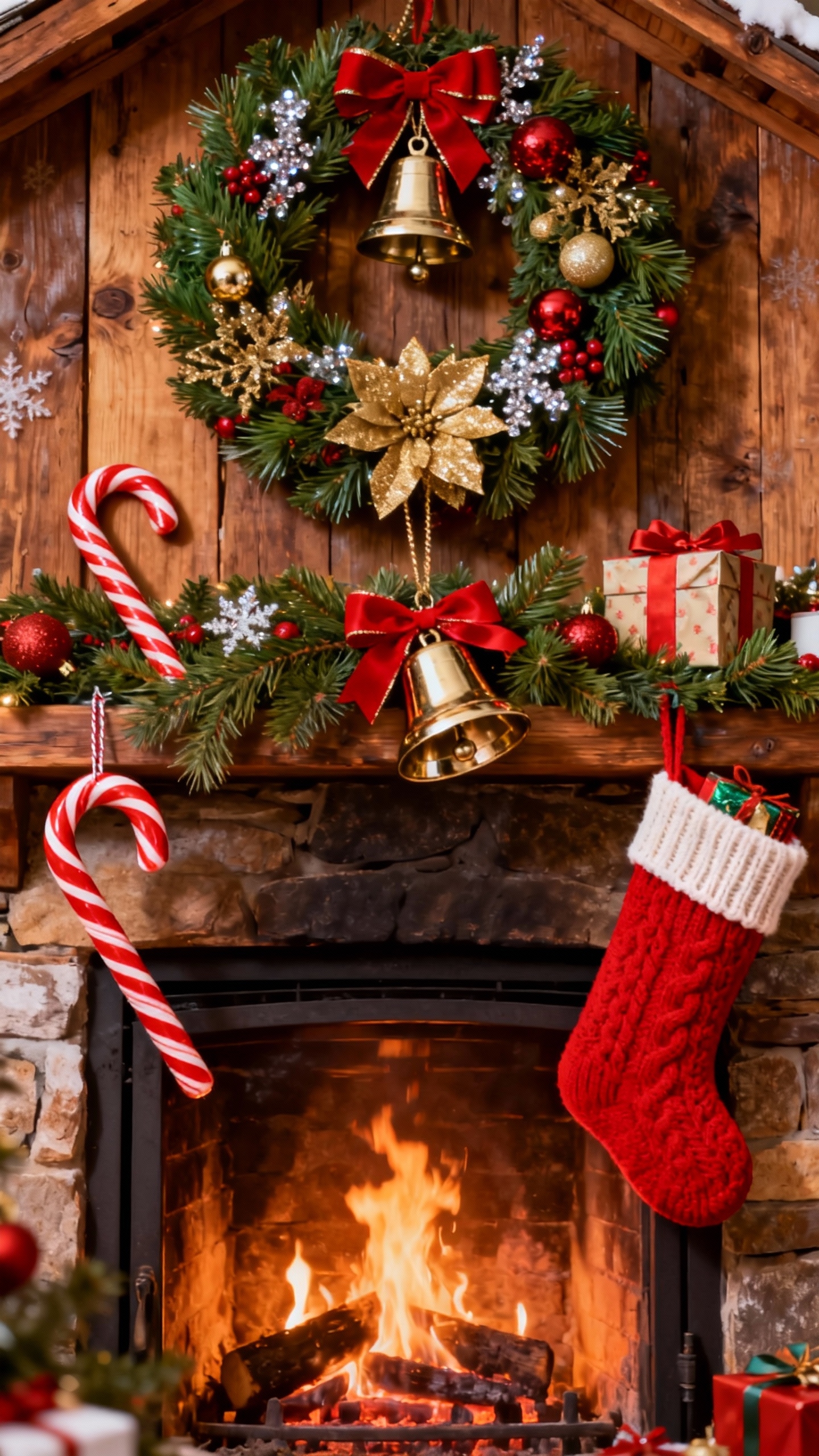 불타는 벽난로와 크리스마스 리스, 사탕 지팡이, 빨간 양말로 장식된 따뜻한 겨울 실내 모습