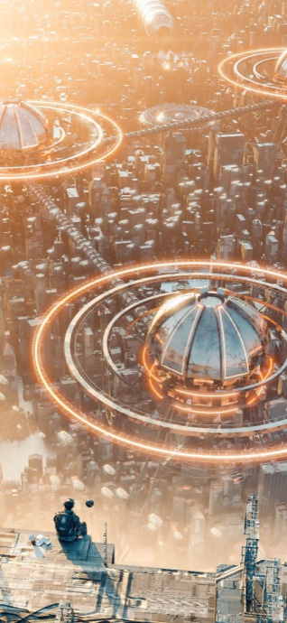 夕陽下一名人物坐在摩天大樓邊緣，俯瞰著擁有巨大發光環狀結構的未來科技城市。