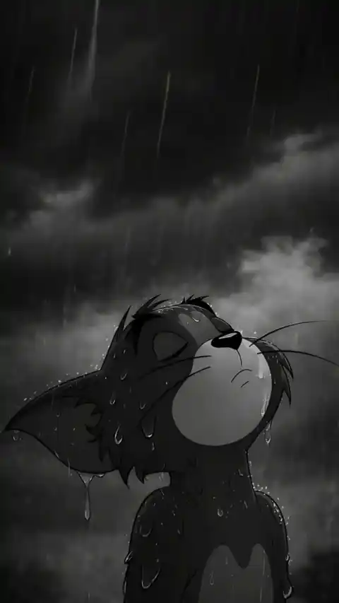 Sad Cat Rain Monochrome - Live Wallpaper
