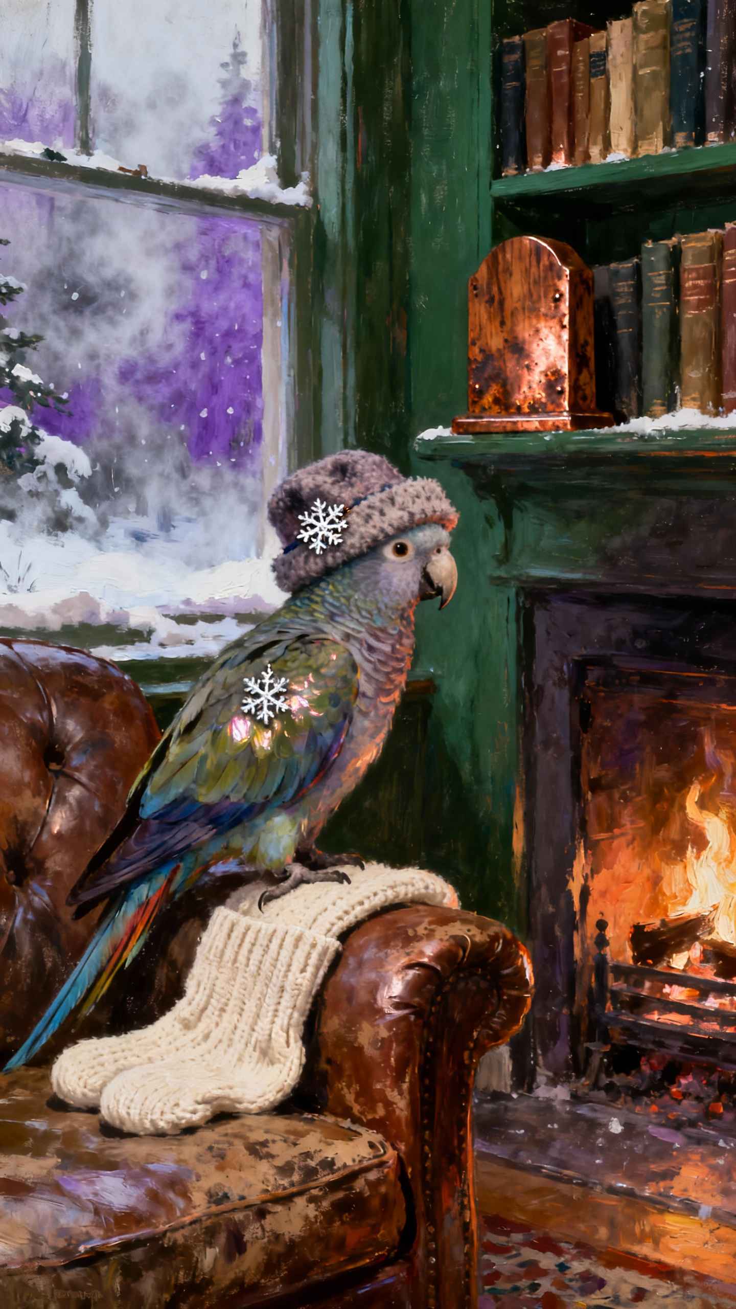 Cozy Winter Parrot by Fireplace - 4K Wallpaper