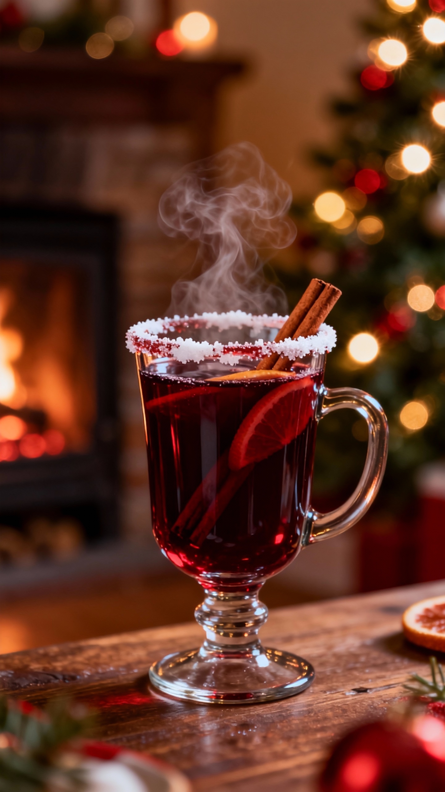 木桌上一杯冒著熱氣的肉桂熱紅酒，背景是模糊的壁爐火光與聖誕樹。