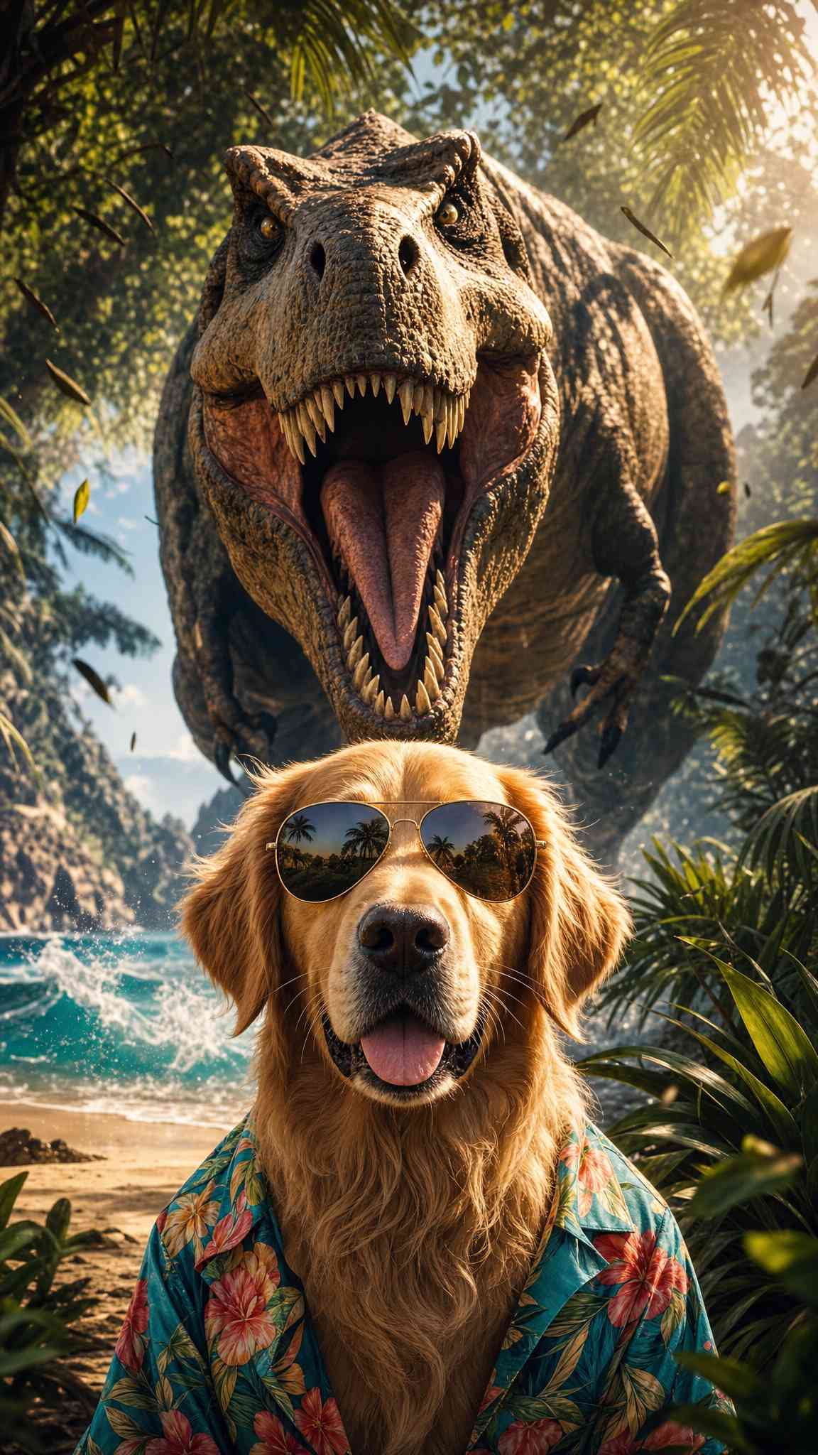 Golden Retriever & T-Rex Adventure - 4K Wallpaper