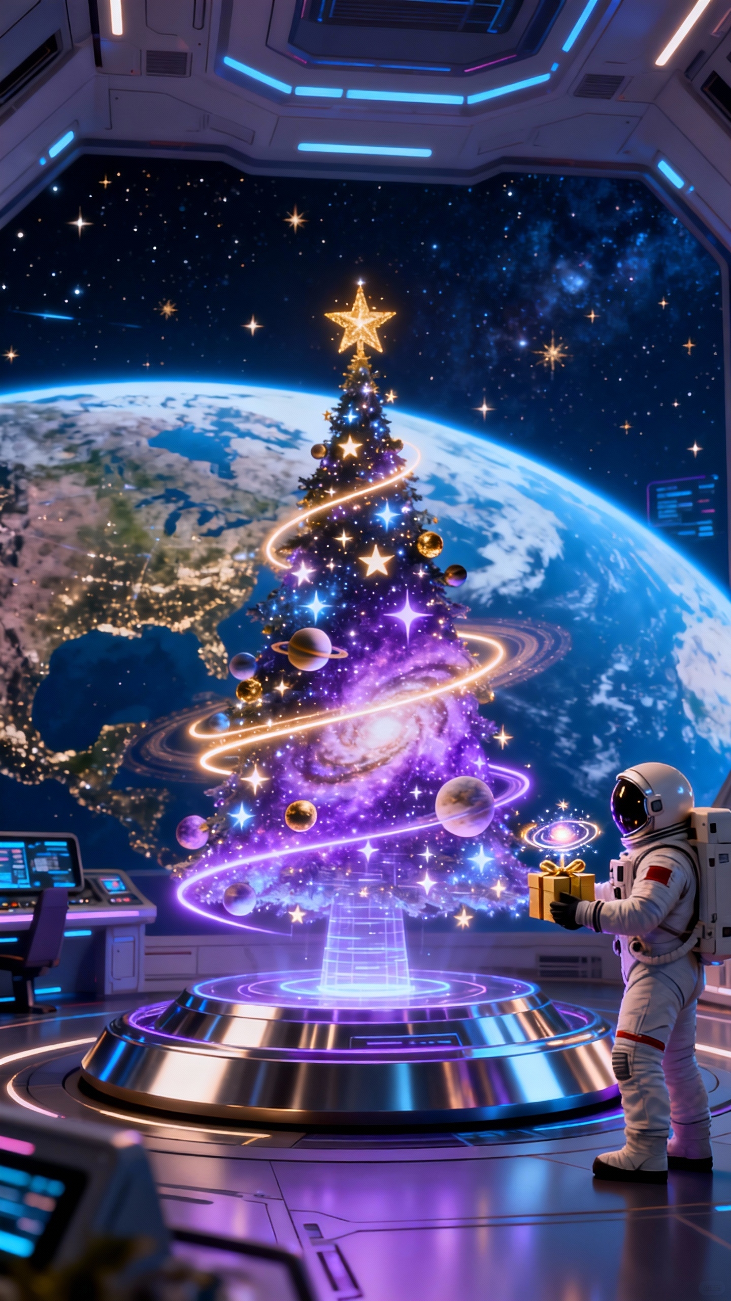 Astronauta y Árbol de Navidad Galáctico - Fondos 4K