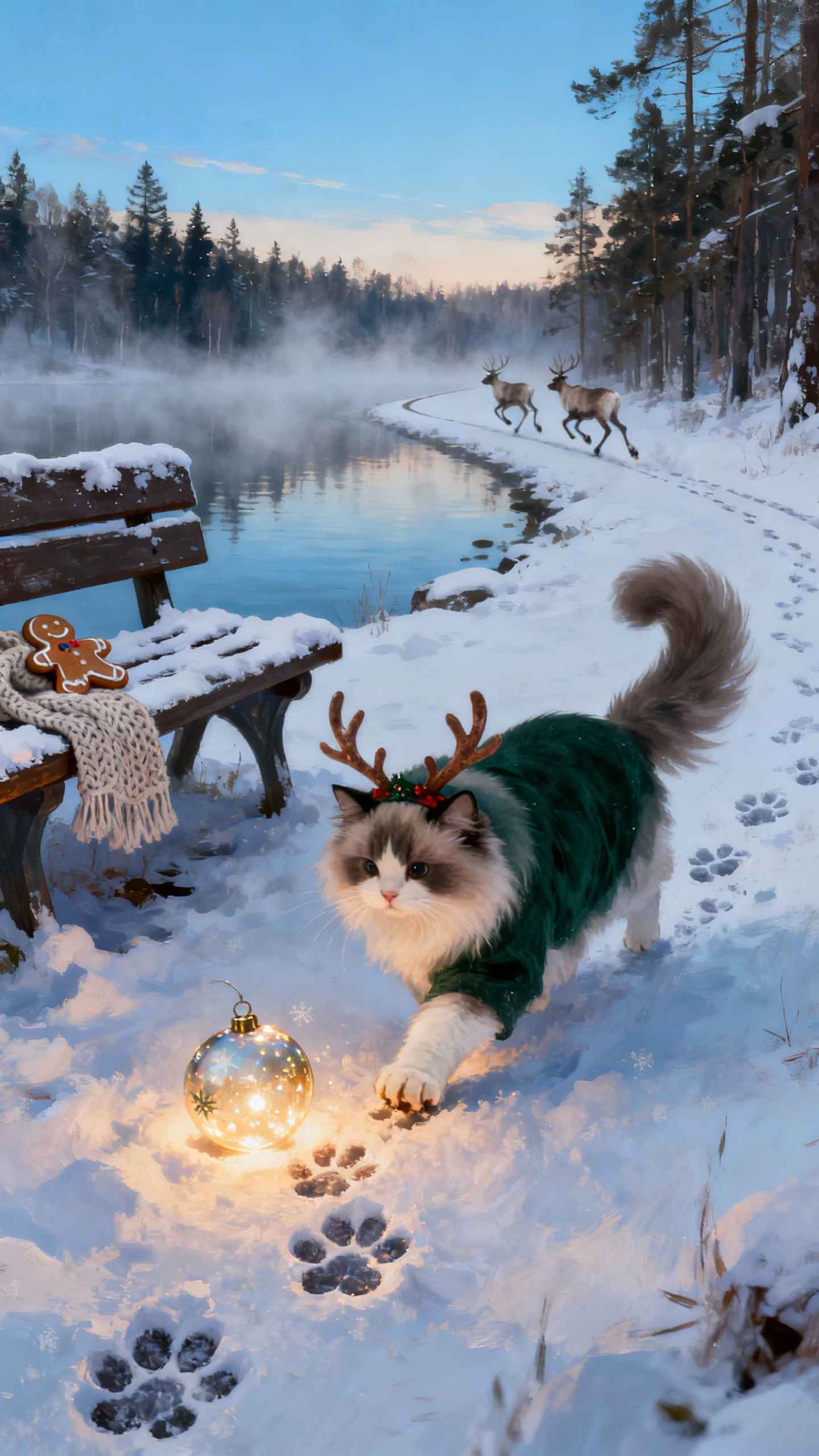 Chat de Noël et Forêt Enneigée - Fond d'écran 4K