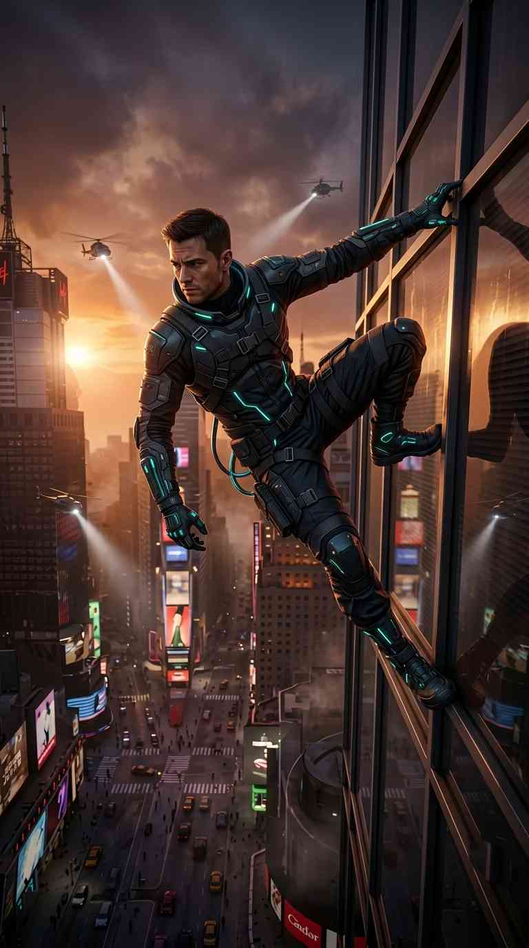 Futuristic Agent City Climb - 4K Wallpaper