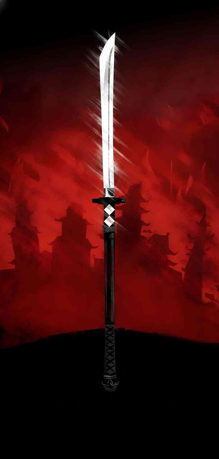 A vertically positioned Japanese katana with a glowing white blade against a deep red background showing silhouettes of pagodas and Japanese architecture.