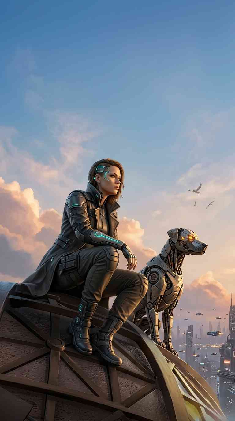 Cyberpunk Woman & Robotic Companion - 4K Wallpaper