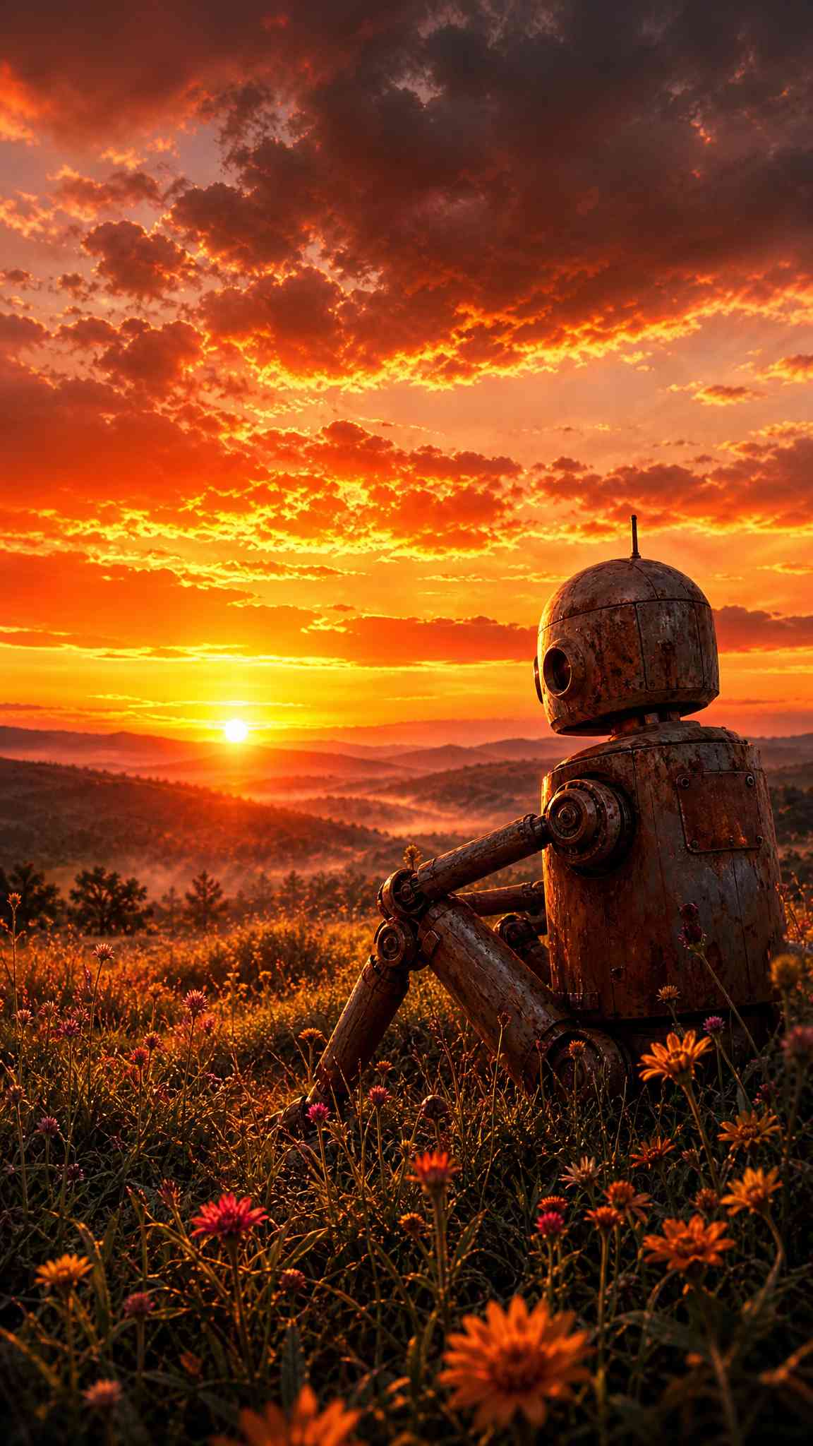 Lonely Robot Sunset Meadow - 4K Wallpaper